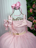 Vestido Longo Rosa Bebê em Tecido Techno Sport com Laço e Cinto de Pérolas