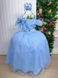 Vestido Longo Azul Bebê em Tecido Techno Sport com Laço e Cinto de Pérolas