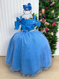 Vestido Longo Azul Serenity em Tecido Techno Sport com Laço e Cinto de Pérolas