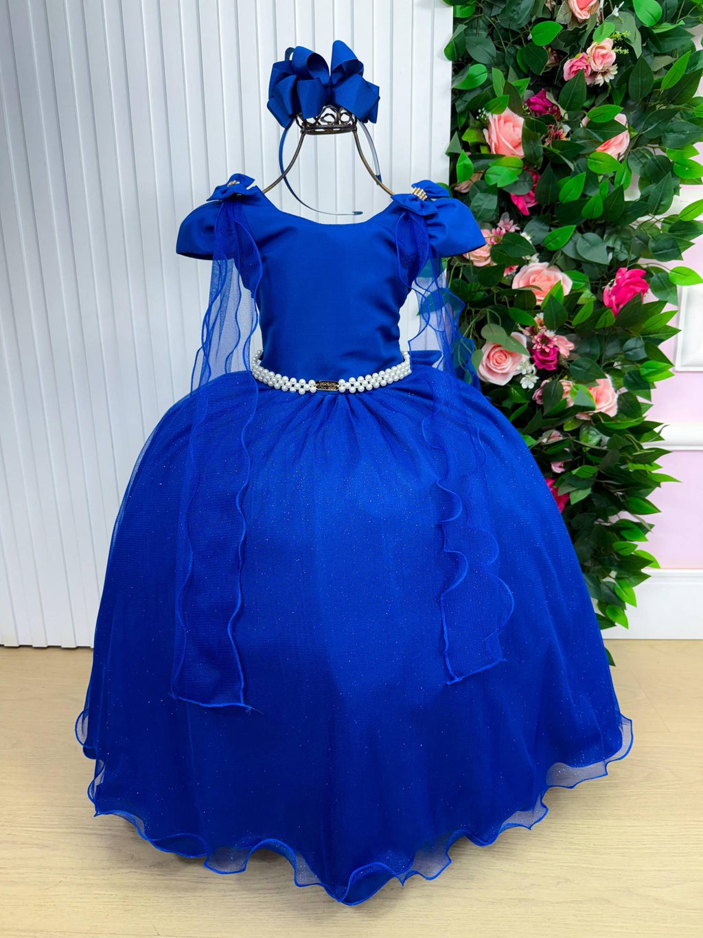 Vestido Longo Azul Royal com Laço e Tule para Festas Infantis
