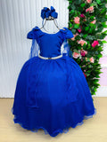 Vestido Longo Azul Royal com Laço e Tule para Festas Infantis