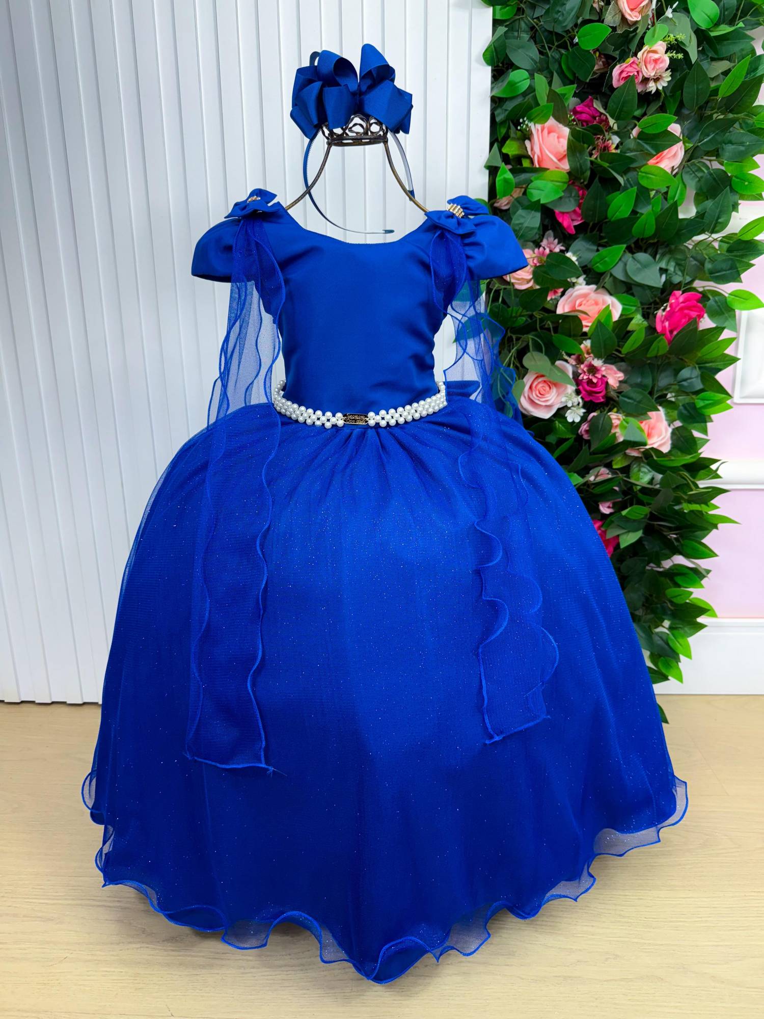 Vestido Longo Azul Royal com Laço e Tule para Festas Infantis