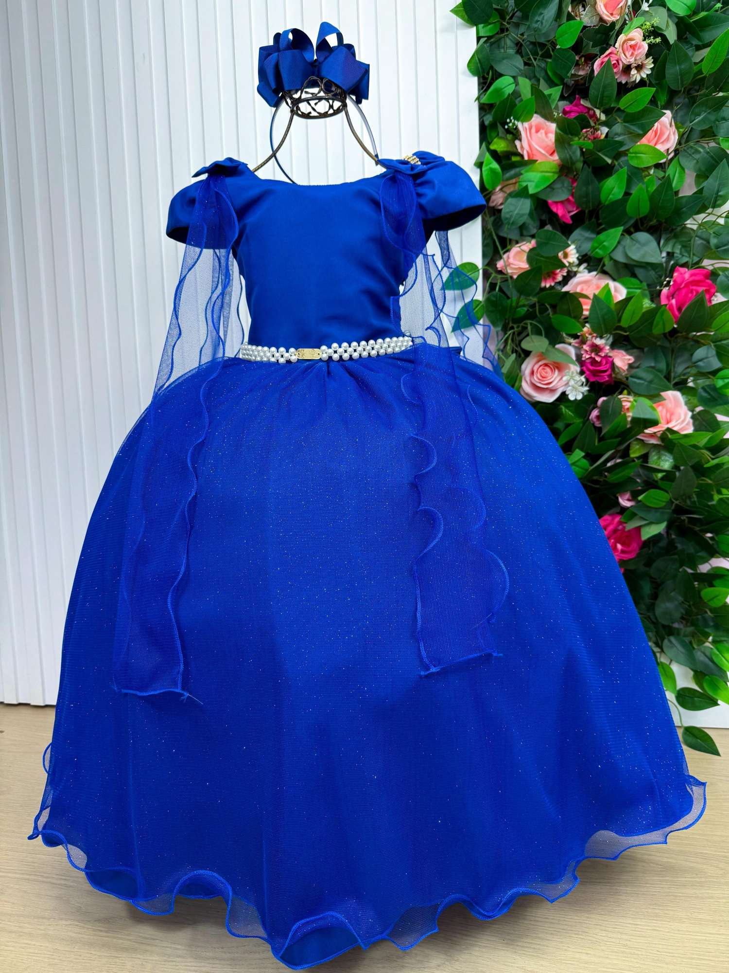 Vestido Longo Azul Royal com Laço e Tule para Festas Infantis