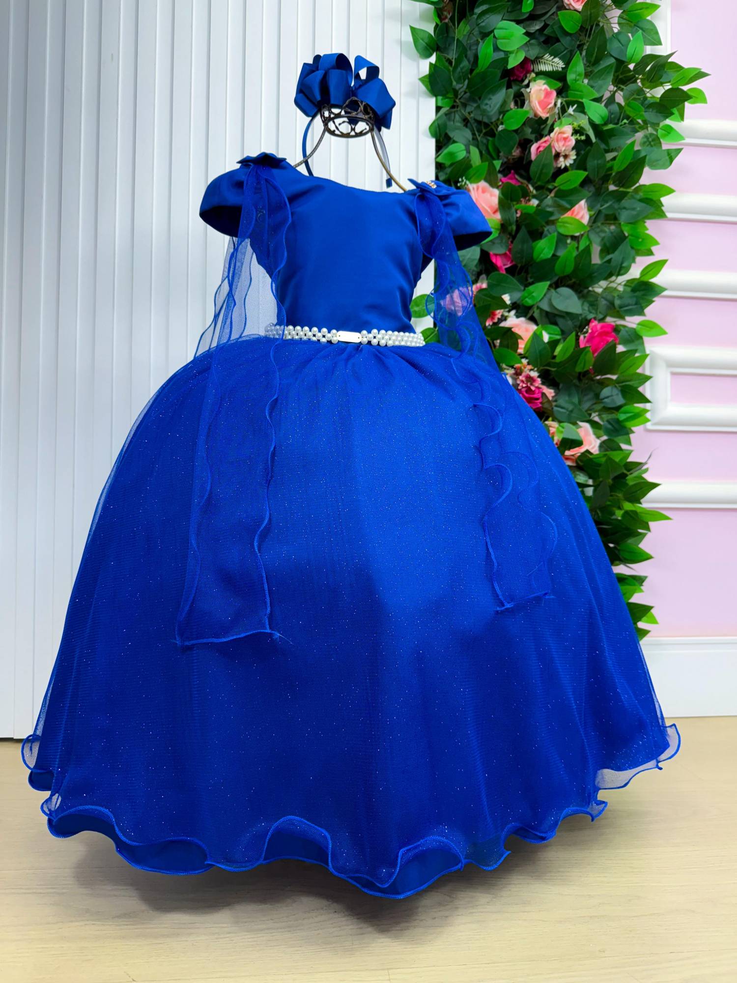 Vestido Longo Azul Royal com Laço e Tule para Festas Infantis