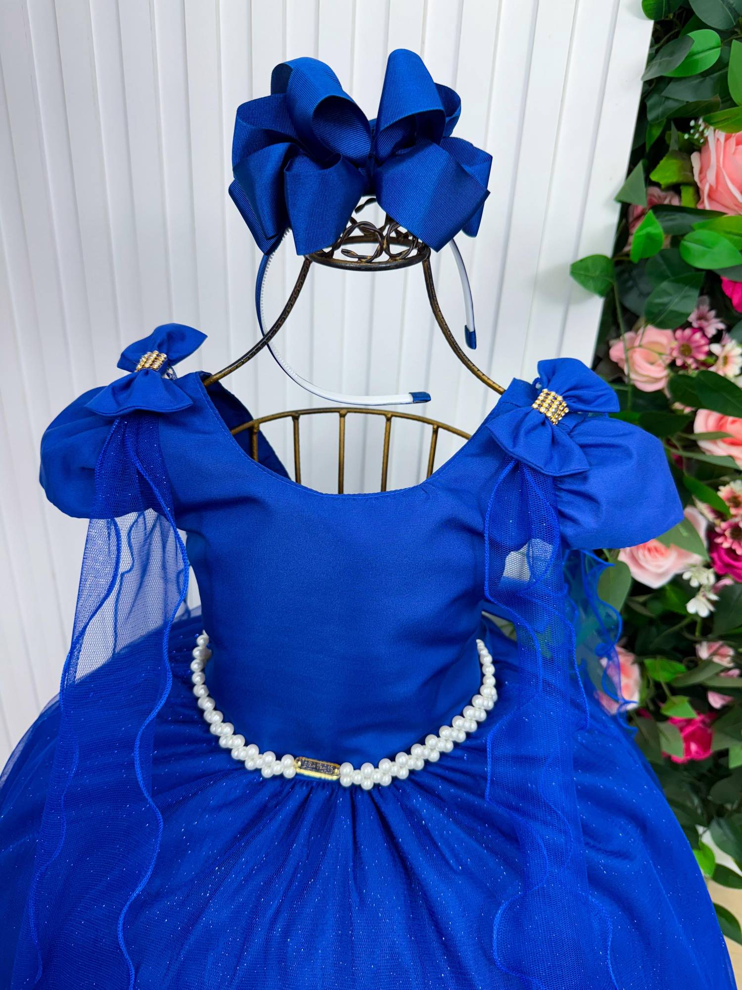 Vestido Longo Azul Royal com Laço e Tule para Festas Infantis