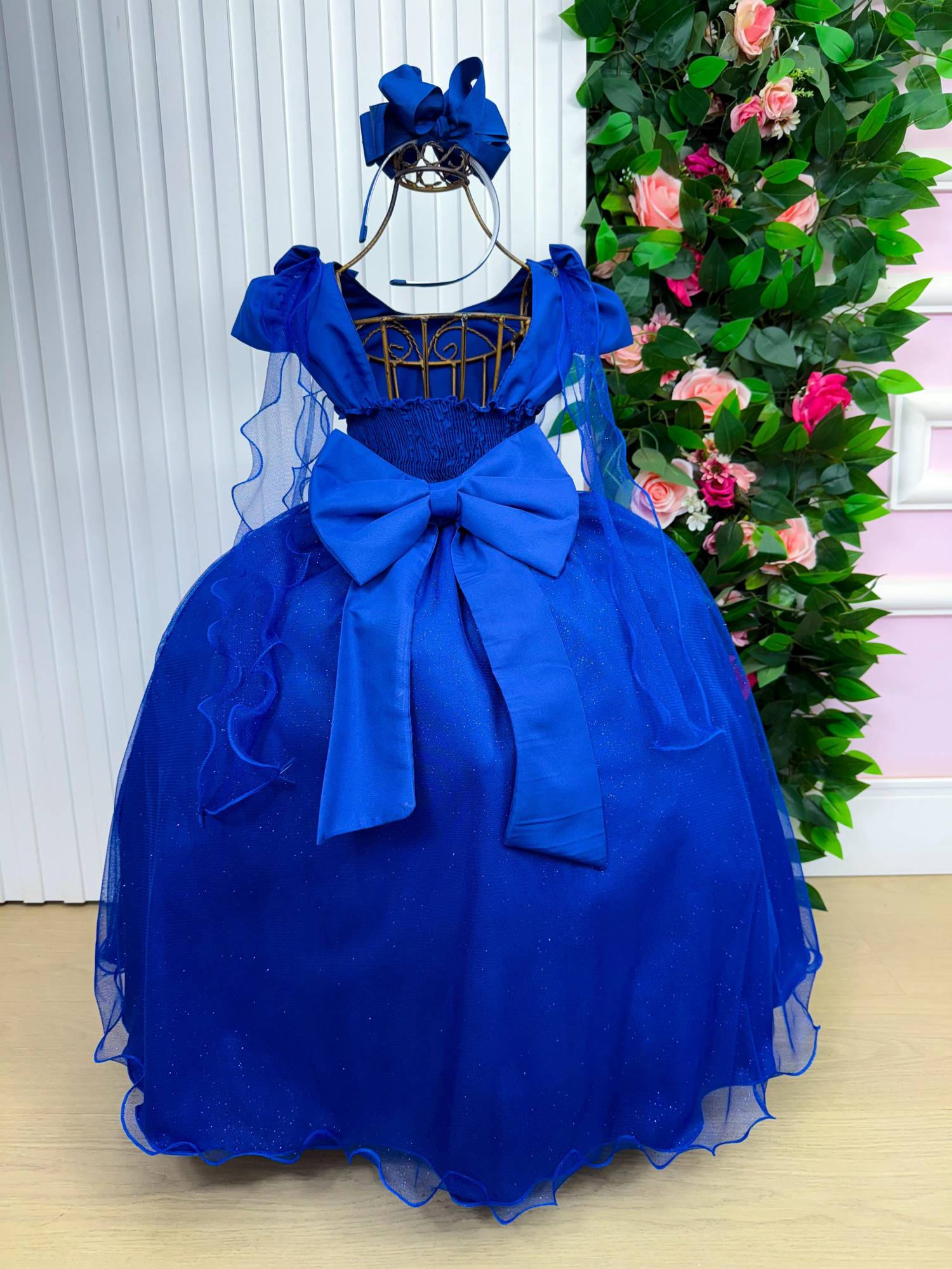 Vestido Longo Azul Royal com Laço e Tule para Festas Infantis