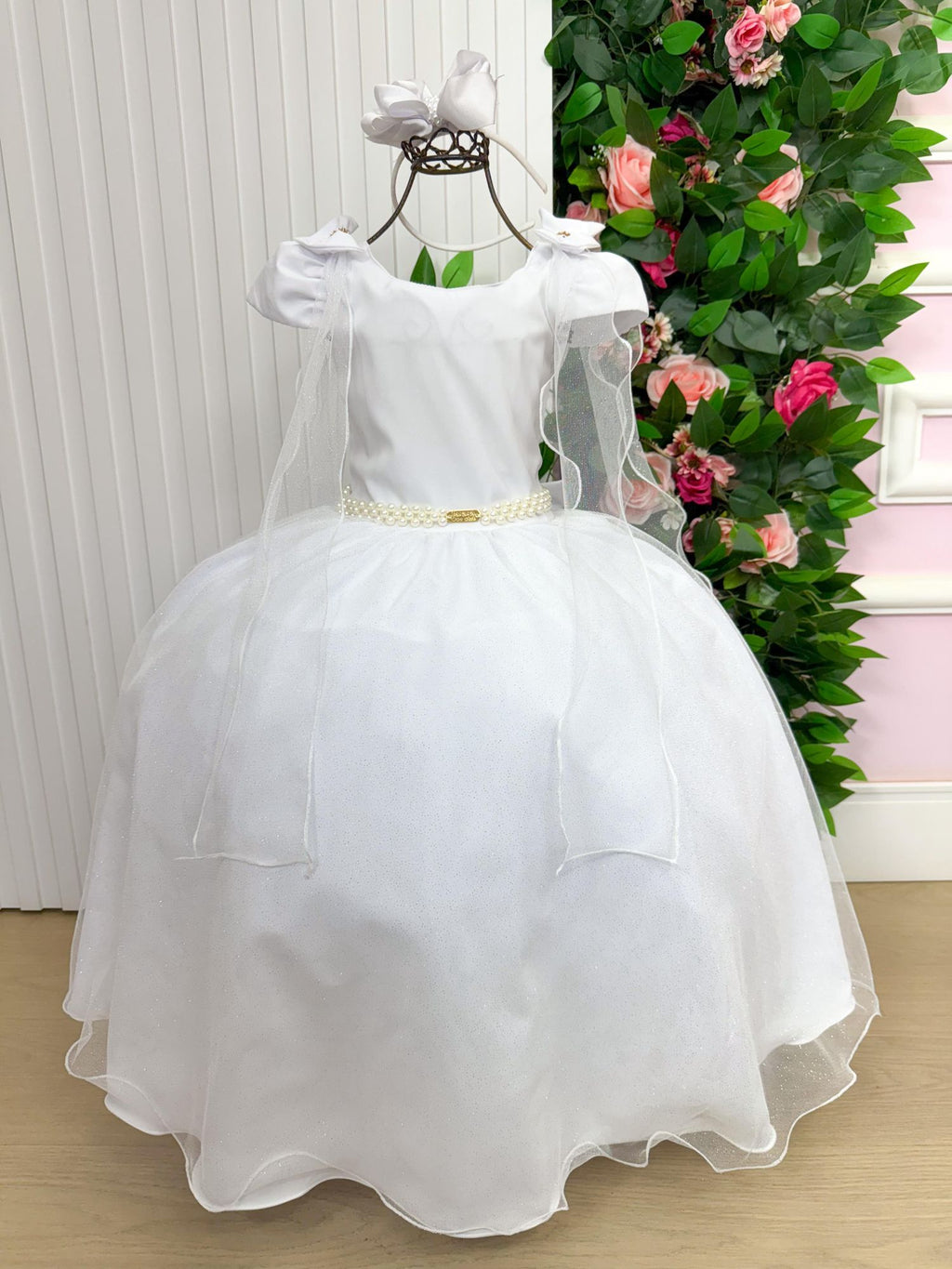 Vestido Longo Branco com Detalhes em Tule e Laço para Meninas