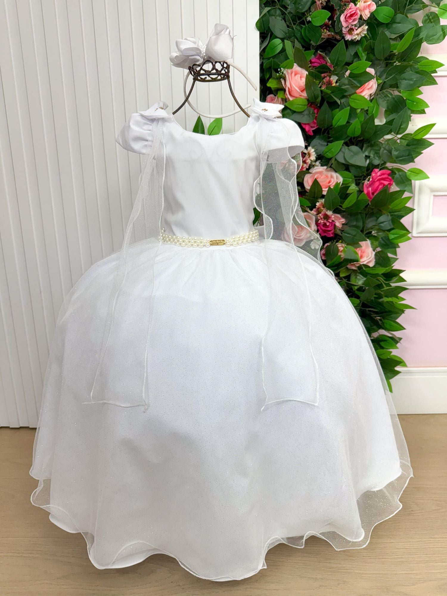 Vestido Longo Branco com Detalhes em Tule e Laço para Meninas