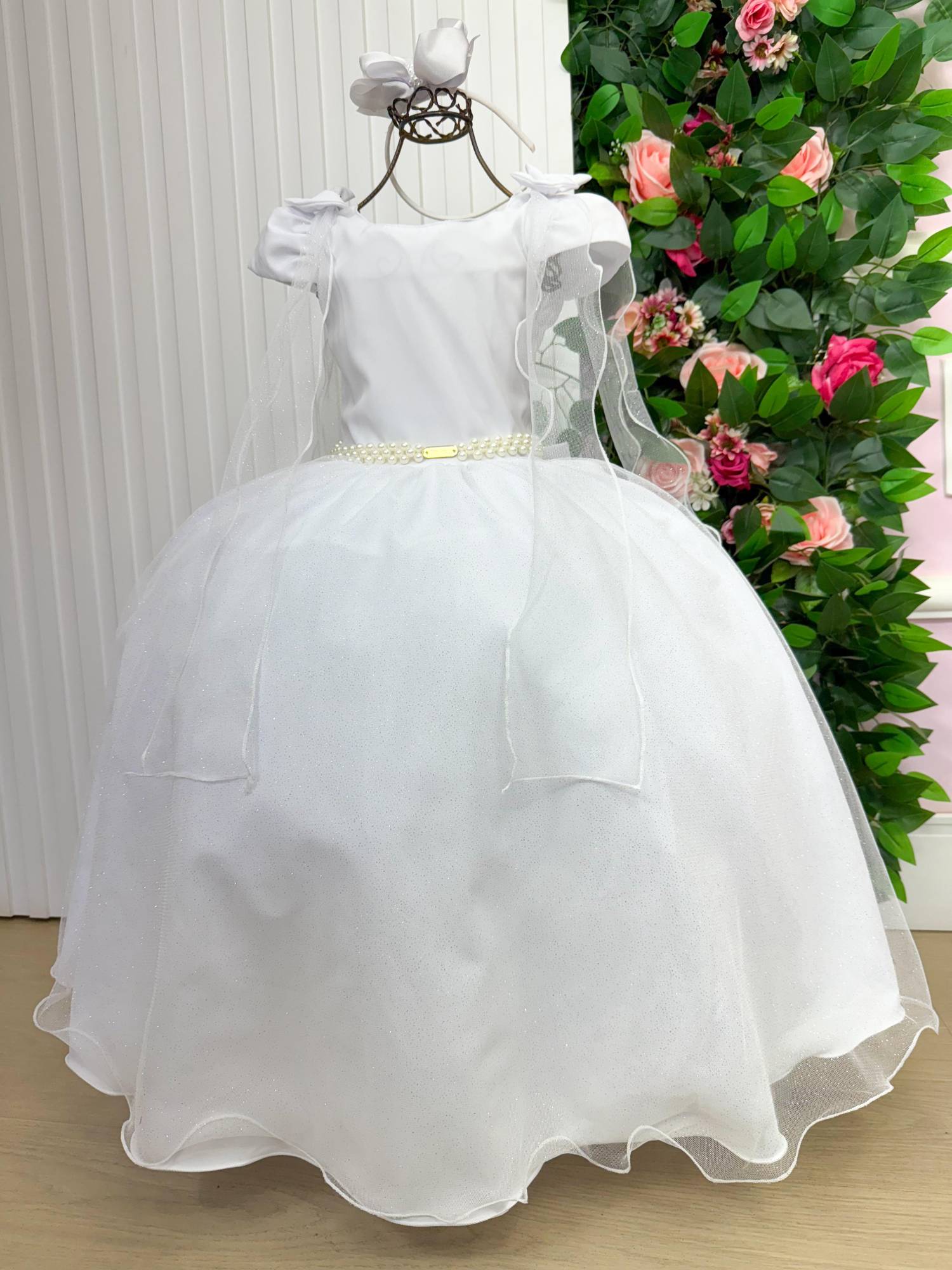 Vestido Longo Branco com Detalhes em Tule e Laço para Meninas