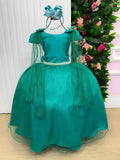 Vestido Longo Verde Jade em Tecido Techno Sport com Laço e Cinto de Pérolas