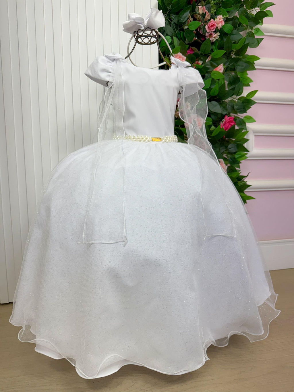 Vestido Longo Branco com Detalhes em Tule e Laço para Meninas