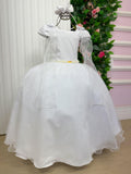 Vestido Longo Branco com Detalhes em Tule e Laço para Meninas