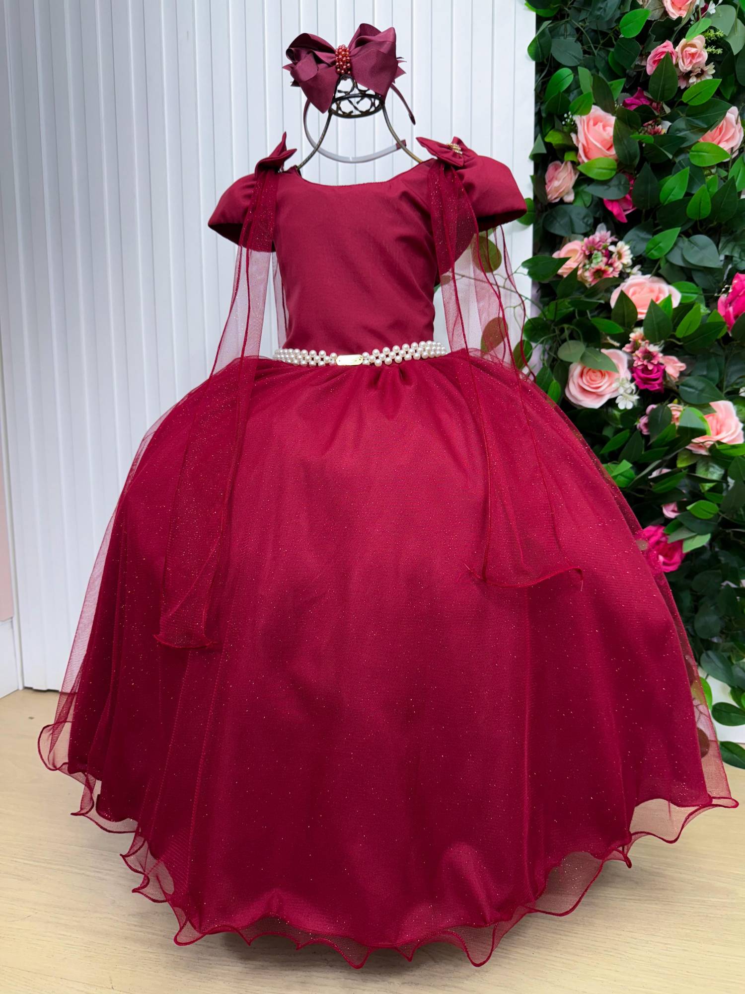 Vestido Longo Marsala em Tecido Techno Sport com Laço e Tule