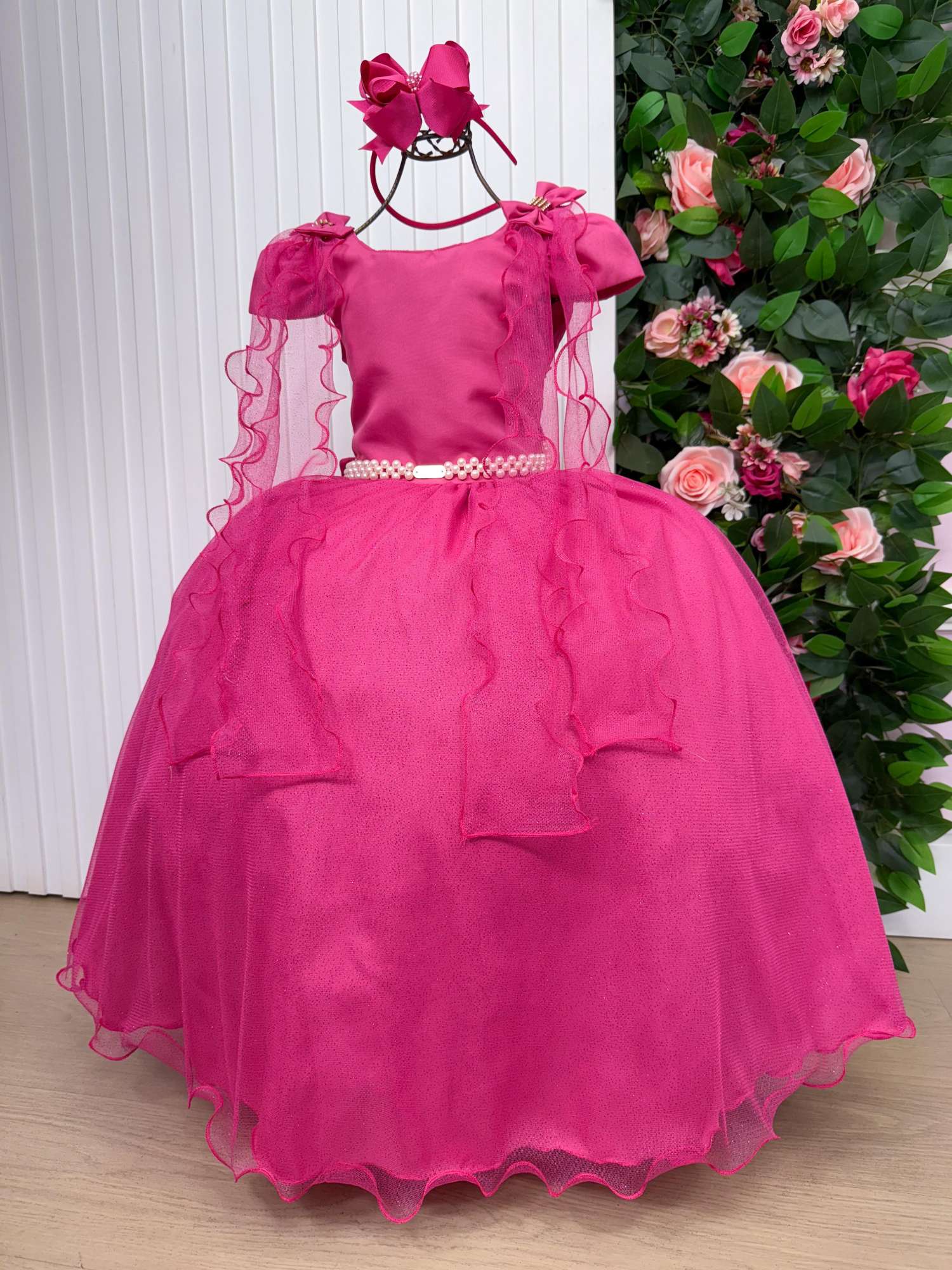 Vestido Longo Pink com Laço e Tule para Festas Infantis