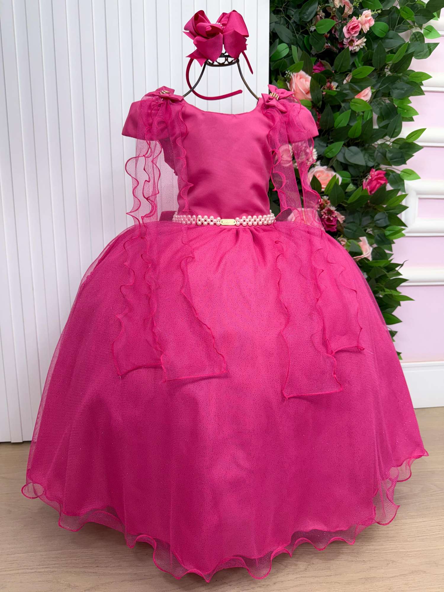 Vestido Longo Pink com Laço e Tule para Festas Infantis