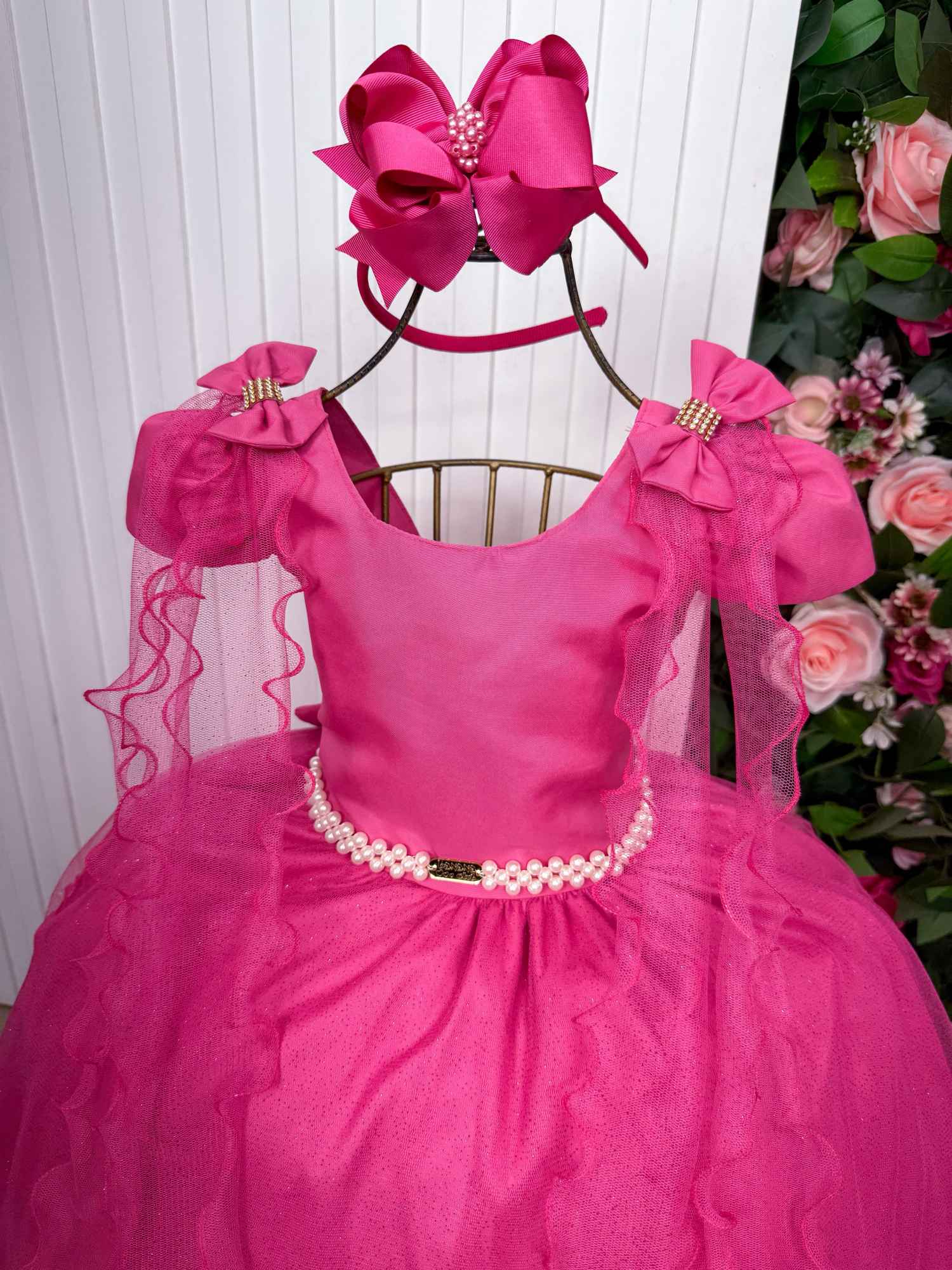 Vestido Longo Pink com Laço e Tule para Festas Infantis
