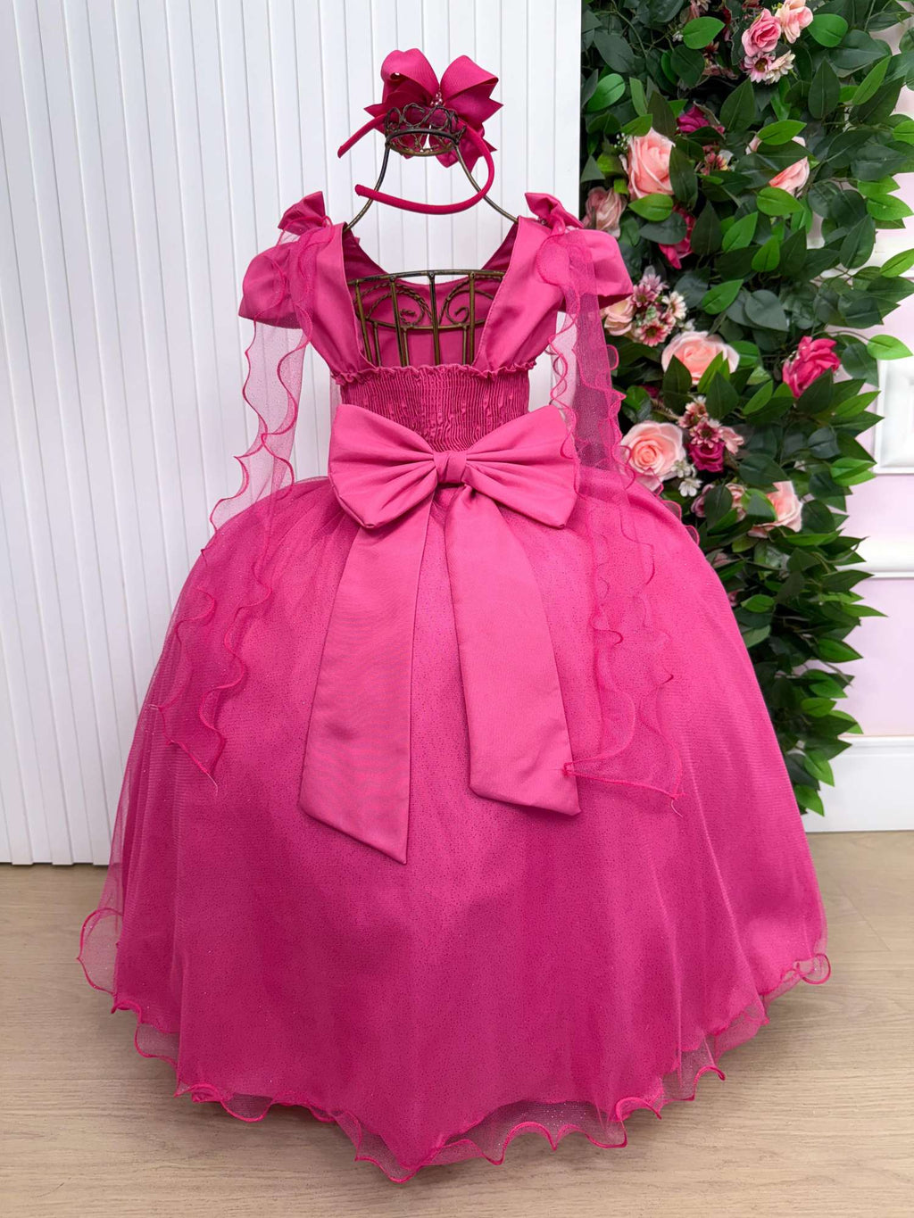 Vestido Longo Pink com Laço e Tule para Festas Infantis