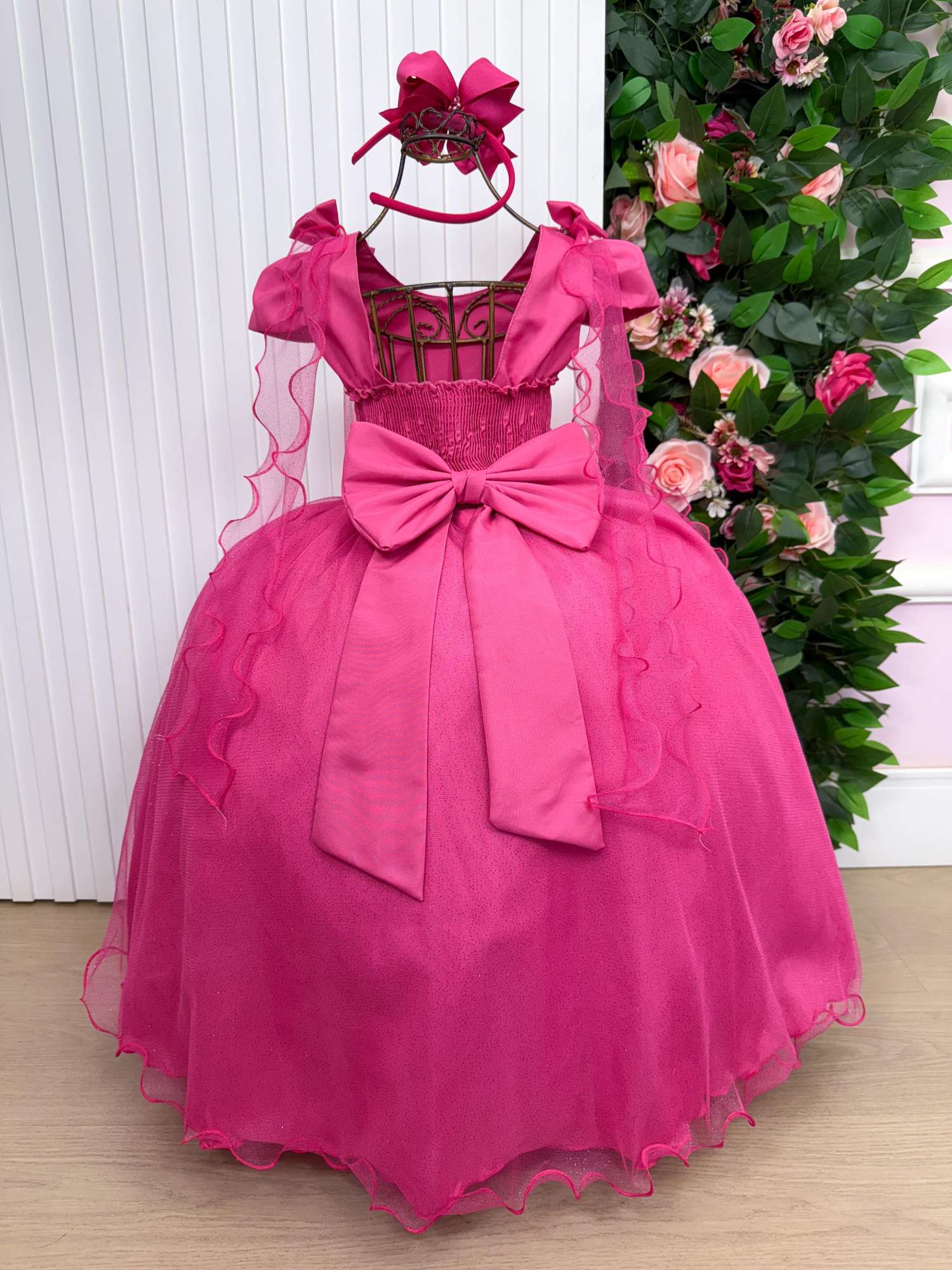 Vestido Longo Pink com Laço e Tule para Festas Infantis