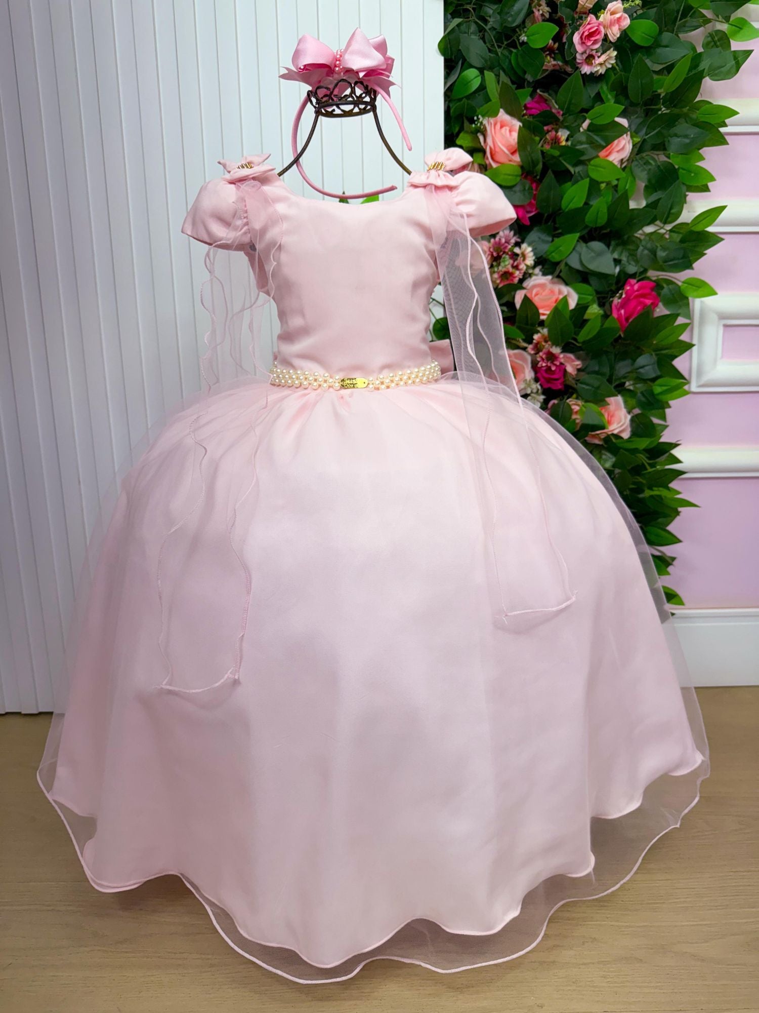 Vestido Longo Rosa Bebê com Laço e Tule para Meninas