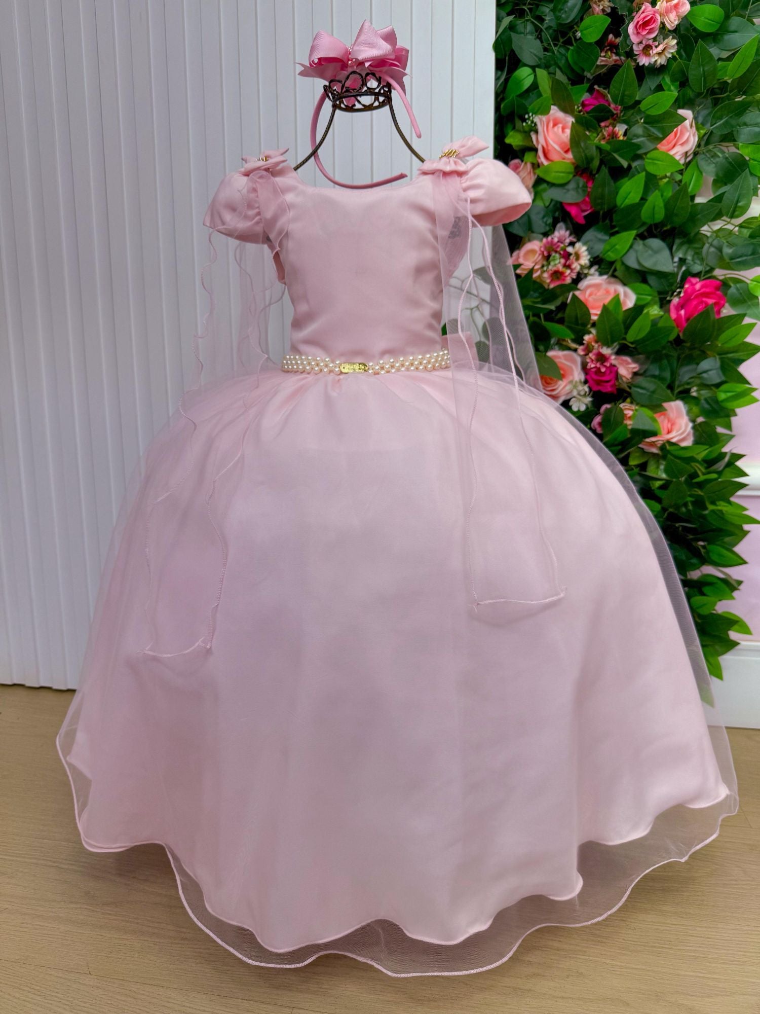 Vestido Longo Rosa Bebê com Laço e Tule para Meninas