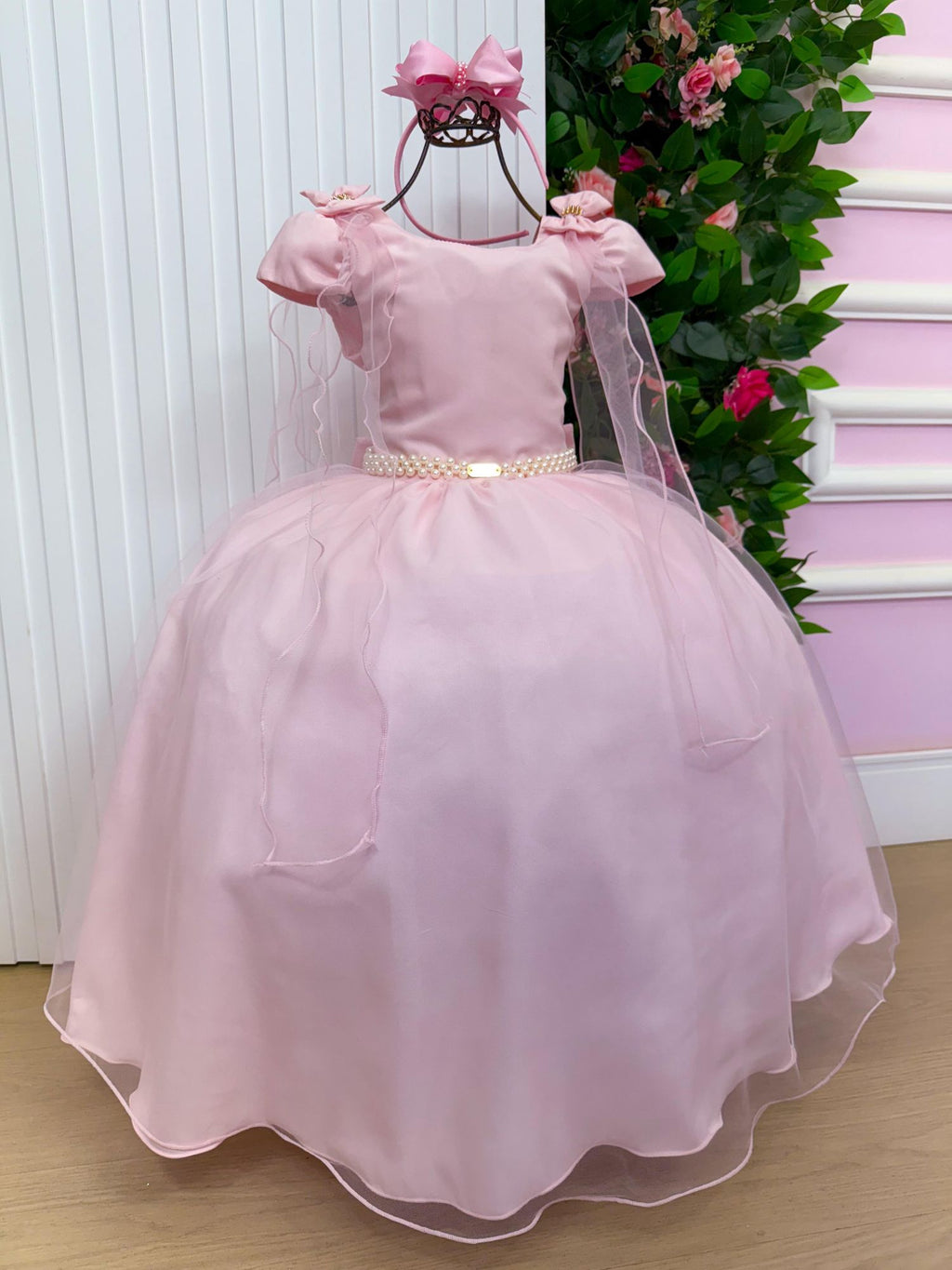 Vestido Longo Rosa Bebê com Laço e Tule para Meninas