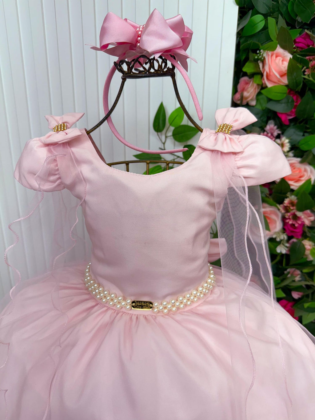 Vestido Longo Rosa Bebê com Laço e Tule para Meninas