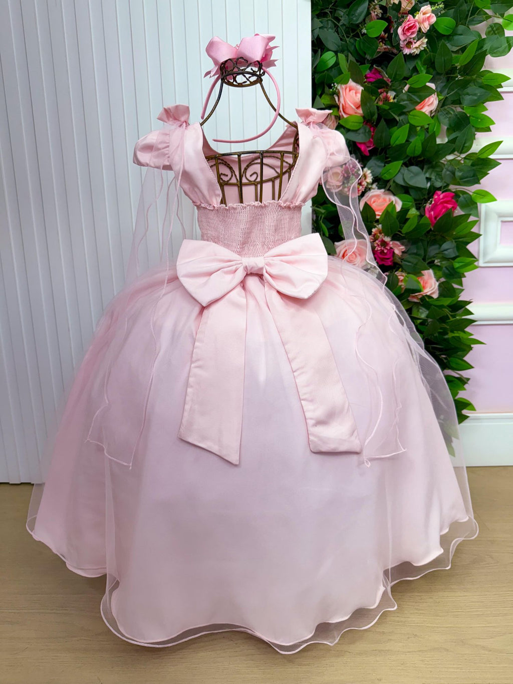 Vestido Longo Rosa Bebê com Laço e Tule para Meninas