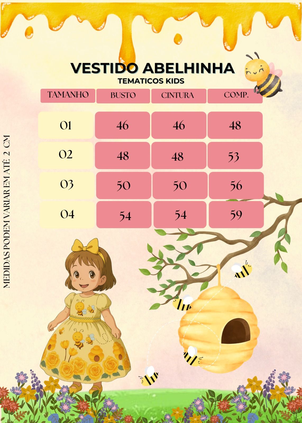Vestido Infantil Temático Abelha com Estampa Lúdica e Cinto Detalhado