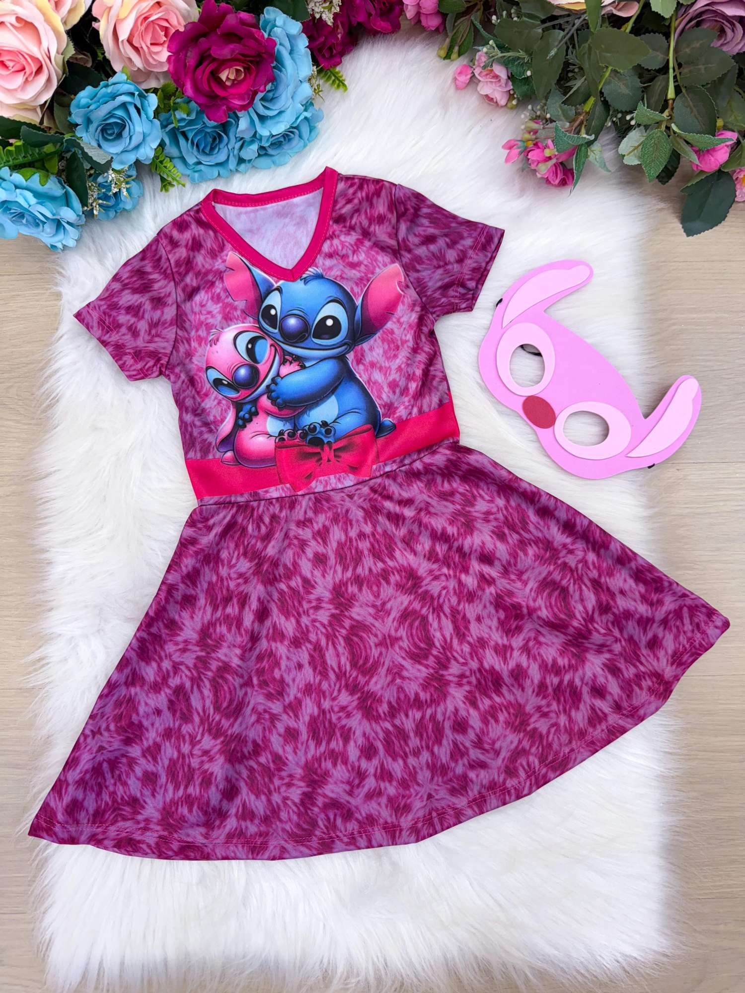 Vestido Infantil Rosa com Estampa de Stitch e Angel