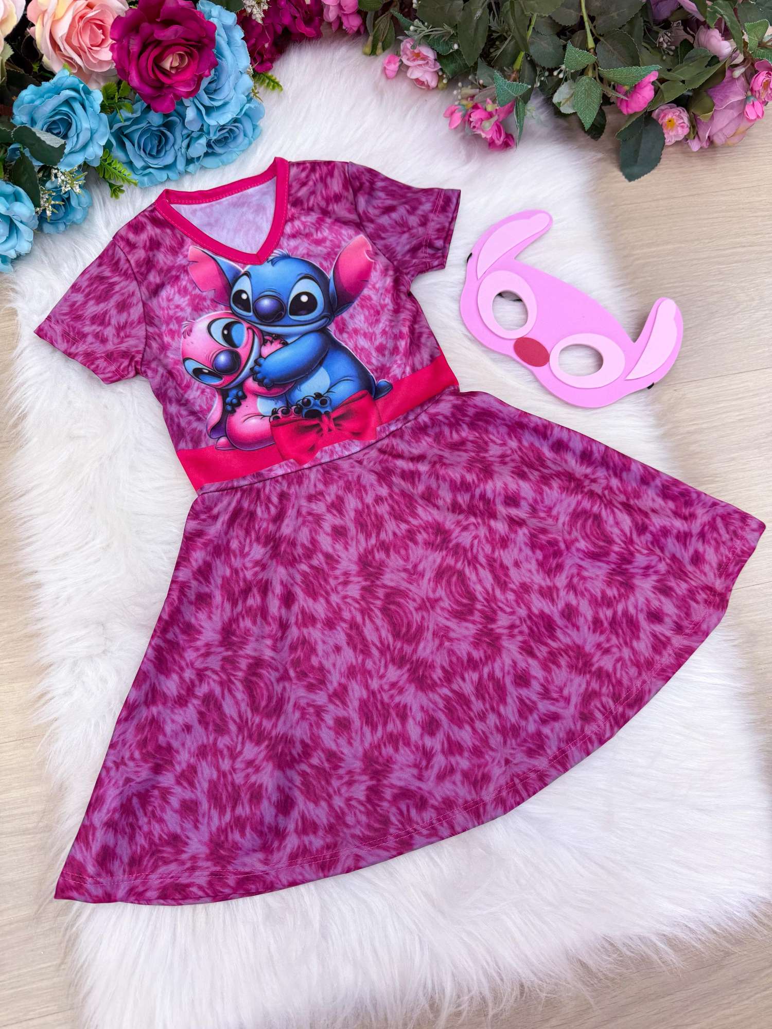 Vestido Infantil Rosa com Estampa de Stitch e Angel