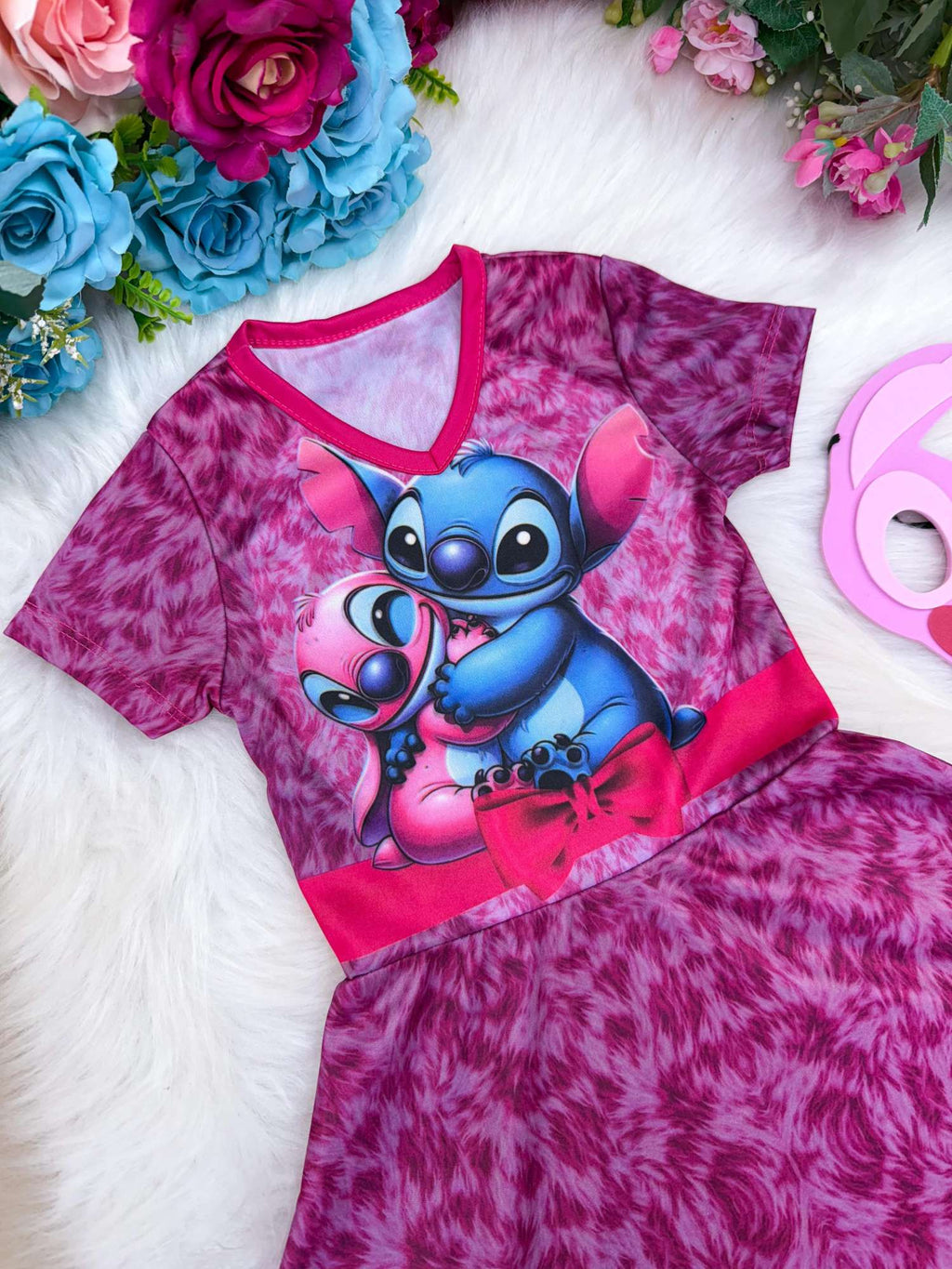 Vestido Infantil Rosa com Estampa de Stitch e Angel