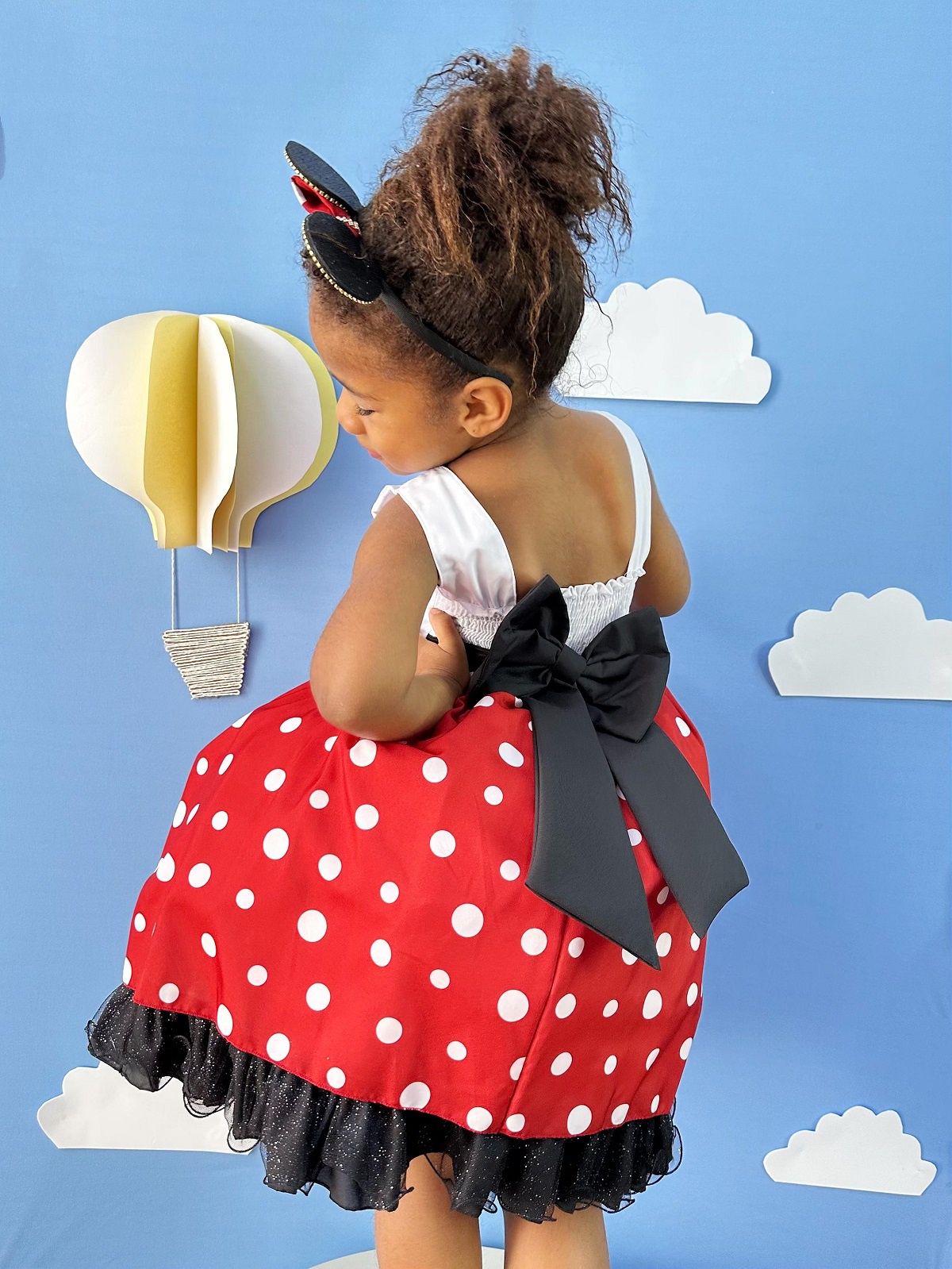Vestido Infantil Minnie Vermelho Luxo Bolas Brancas C/Tiara