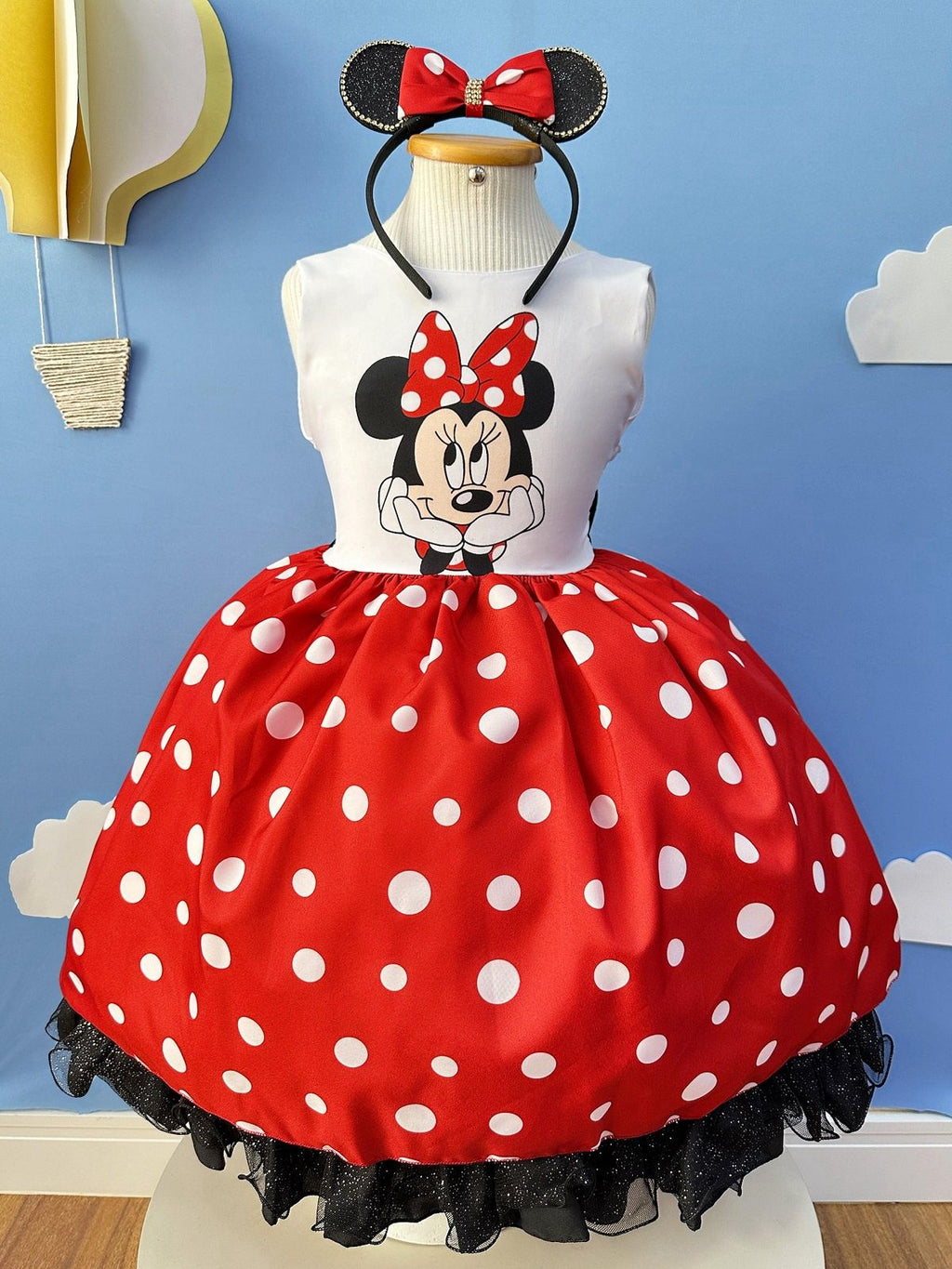 Vestido Infantil Minnie Vermelho Luxo Bolas Brancas C/Tiara