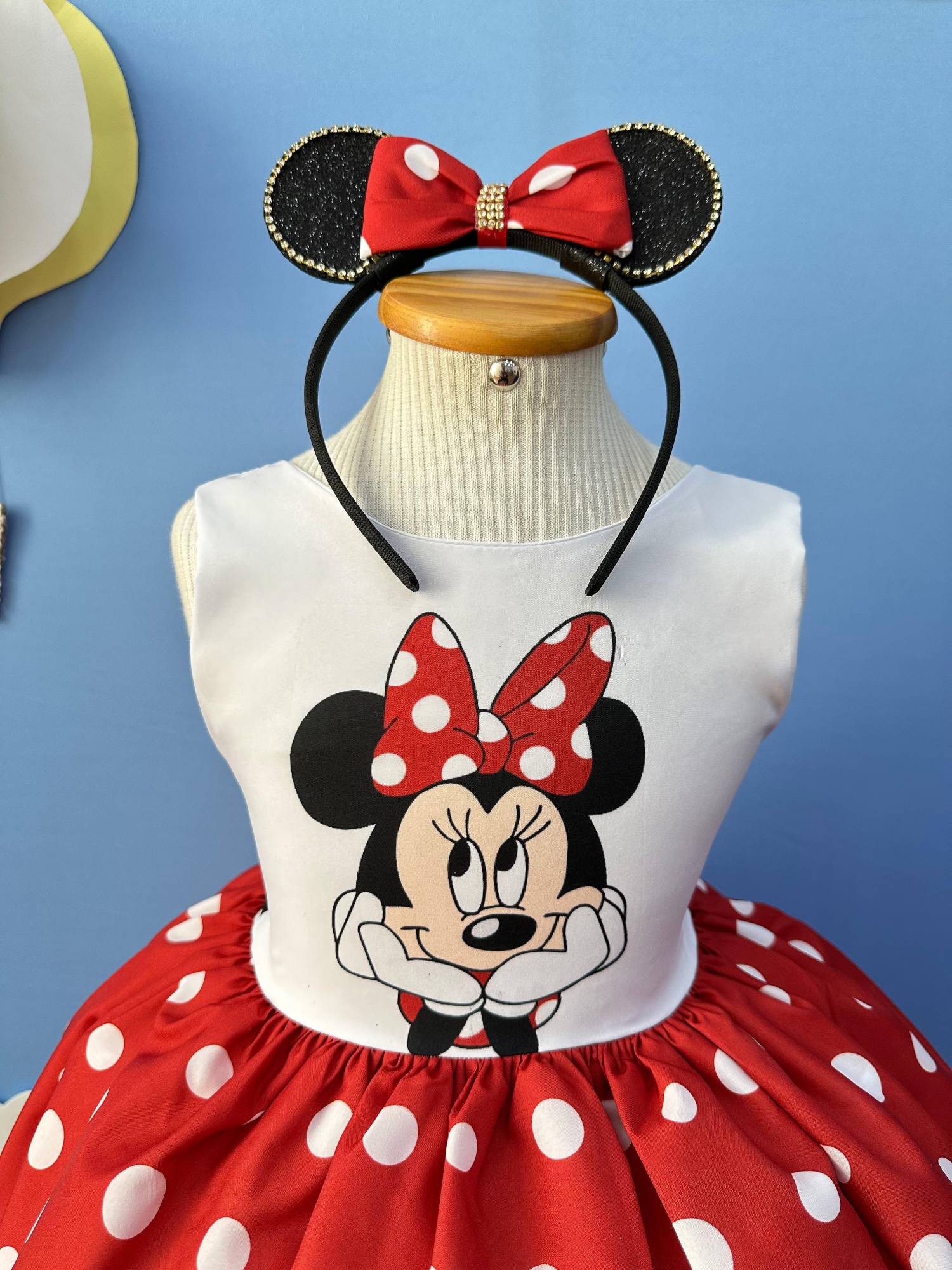 Vestido Infantil Minnie Vermelho Luxo Bolas Brancas C/Tiara