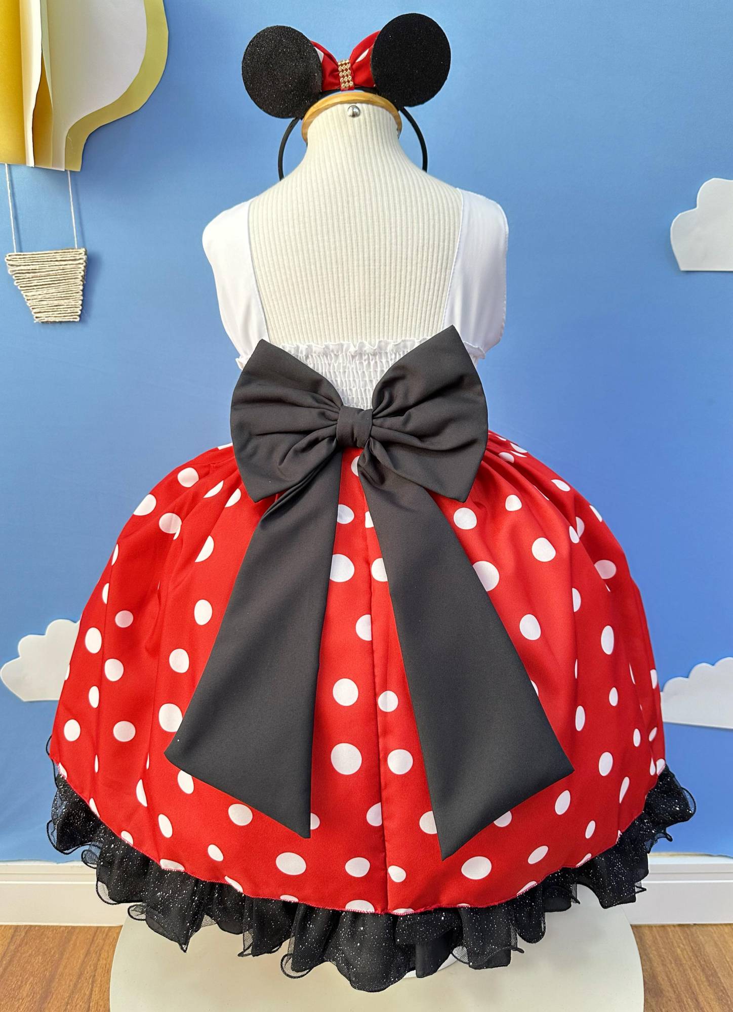 Vestido Infantil Minnie Vermelho Luxo Bolas Brancas C/Tiara