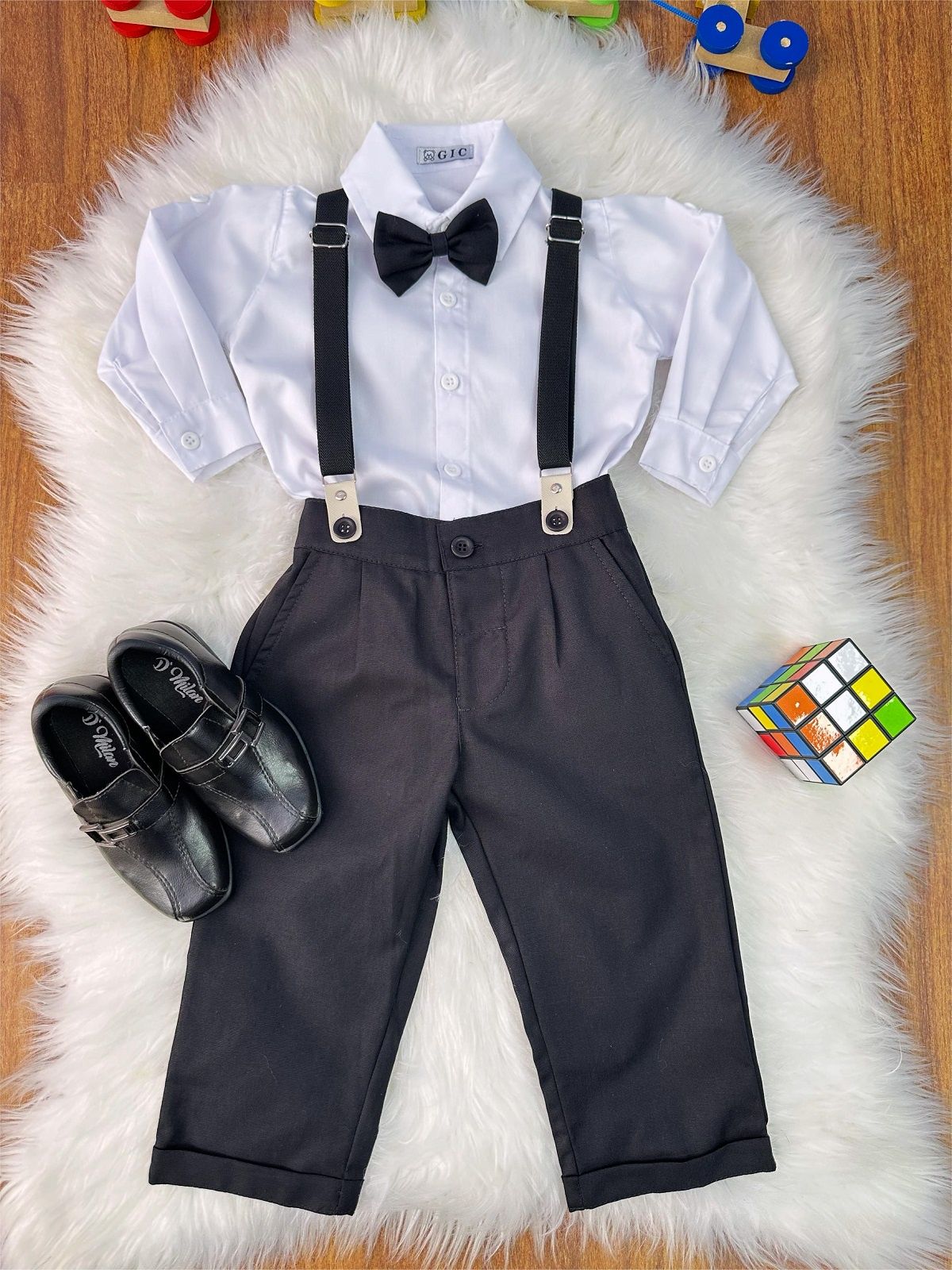 Conjunto Social Luxo Camisa Branca Calça e Suspensório Preto