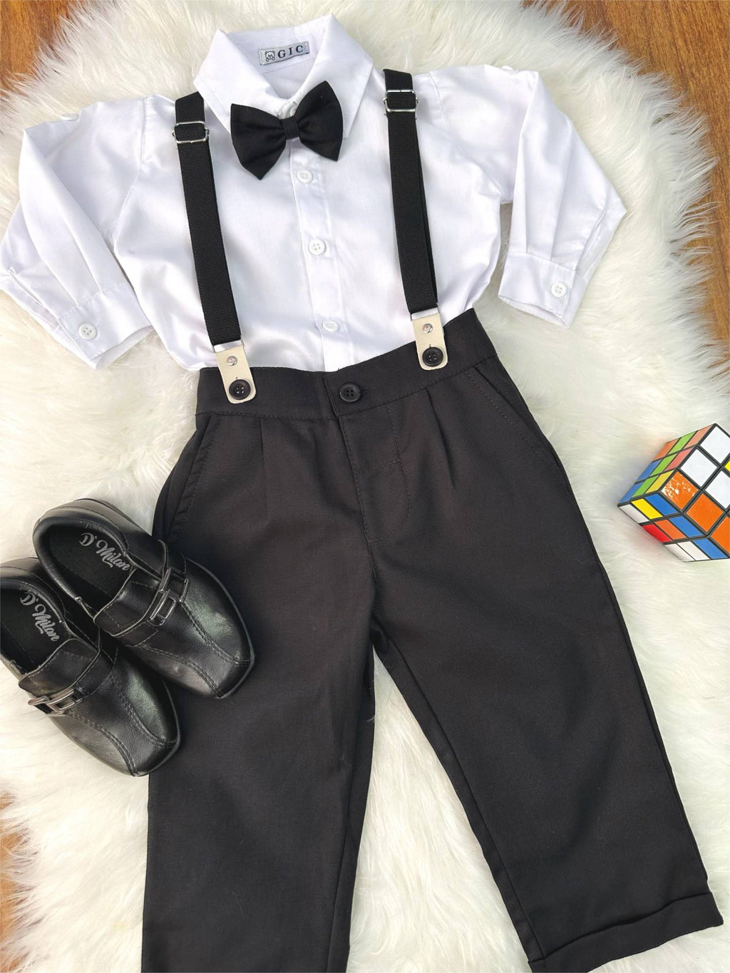 Conjunto Social Luxo Camisa Branca Calça e Suspensório Preto