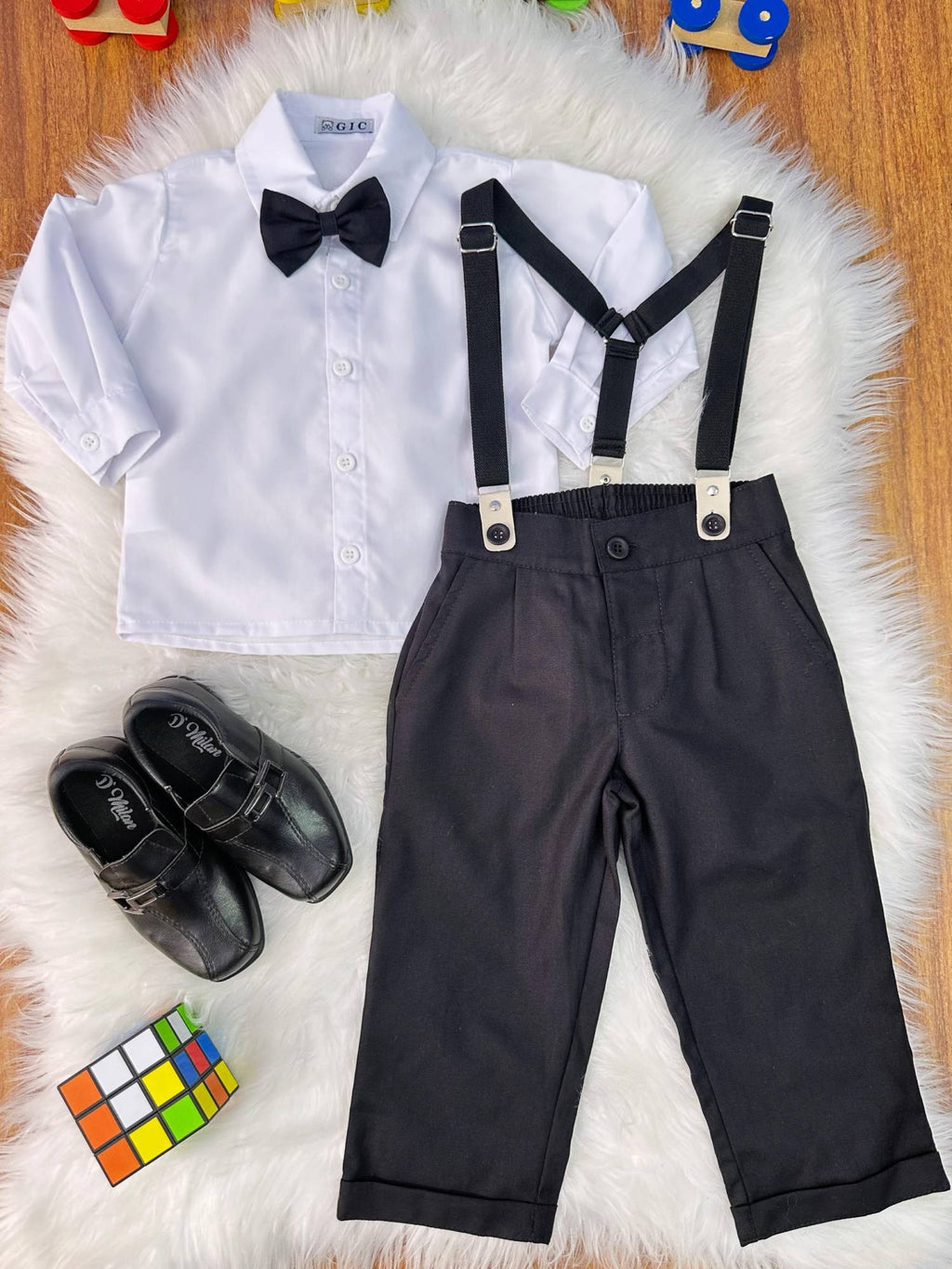 Conjunto Social Luxo Camisa Branca Calça e Suspensório Preto
