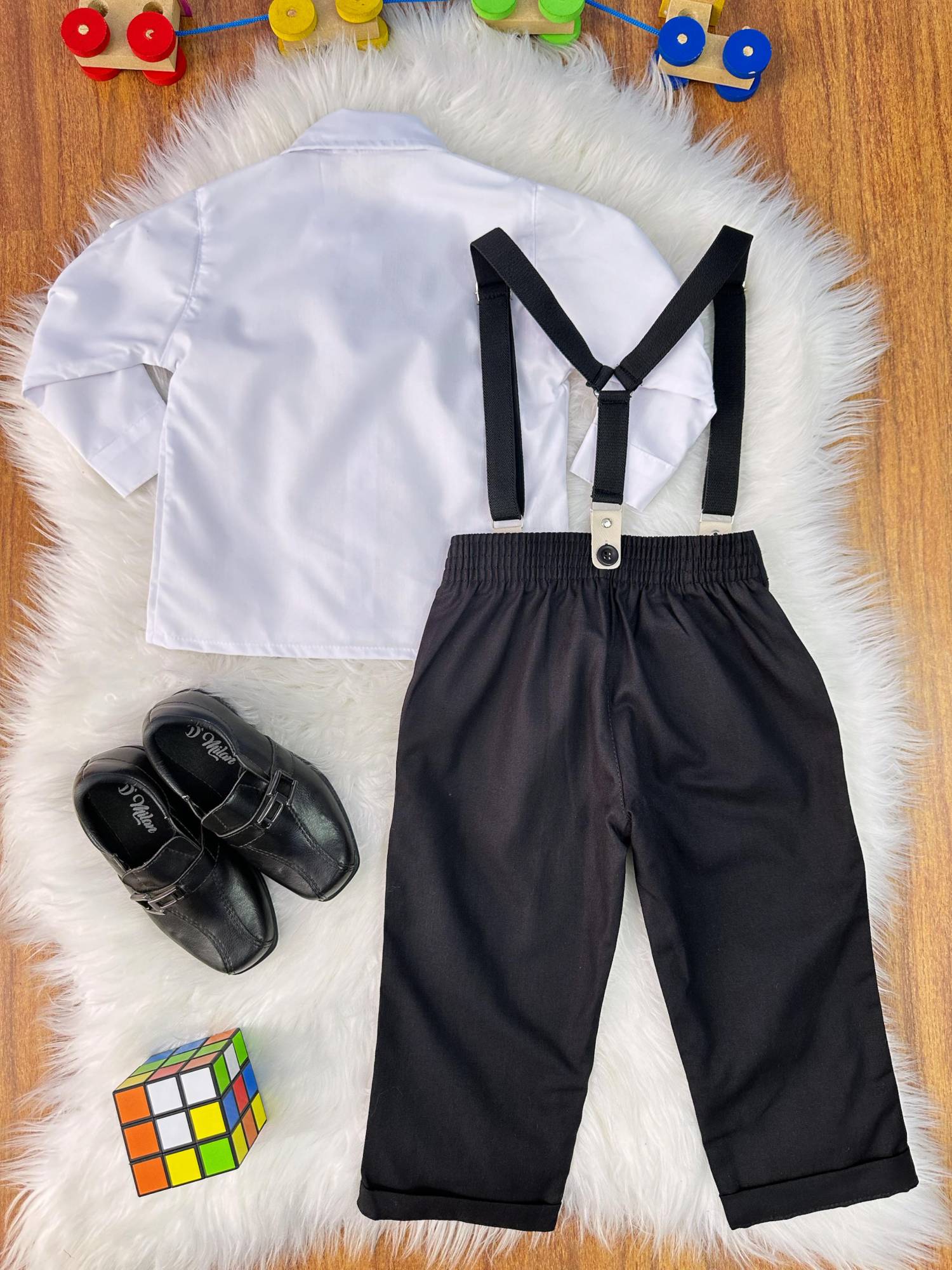 Conjunto Social Luxo Camisa Branca Calça e Suspensório Preto