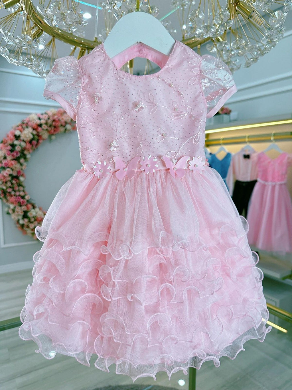 Vestido Rosa Claro para Bebê Jardim Encantado para Batizado e Festas