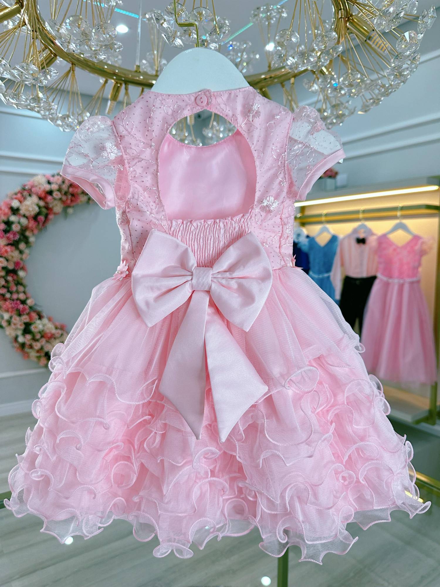 Vestido Rosa Claro para Bebê Jardim Encantado para Batizado e Festas