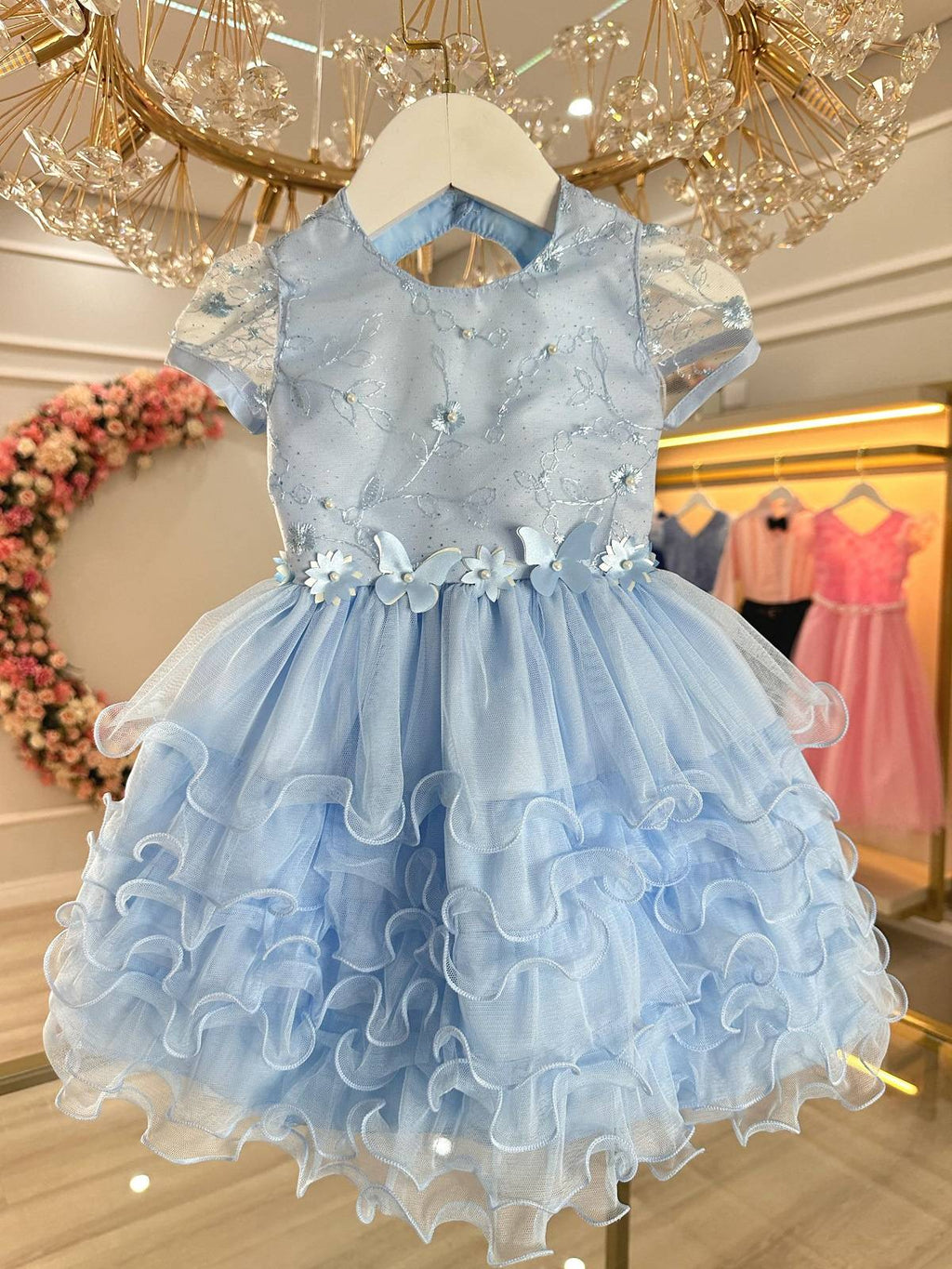 Vestido Azul Claro para Bebê Jardim Encantado para Batizado e Festas