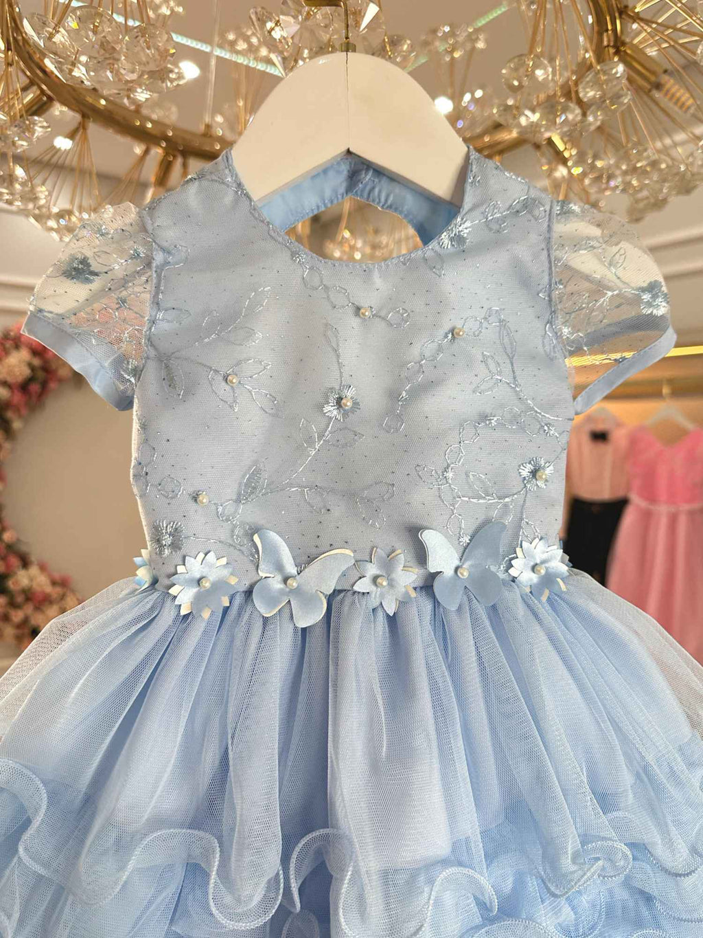 Vestido Azul Claro para Bebê Jardim Encantado para Batizado e Festas