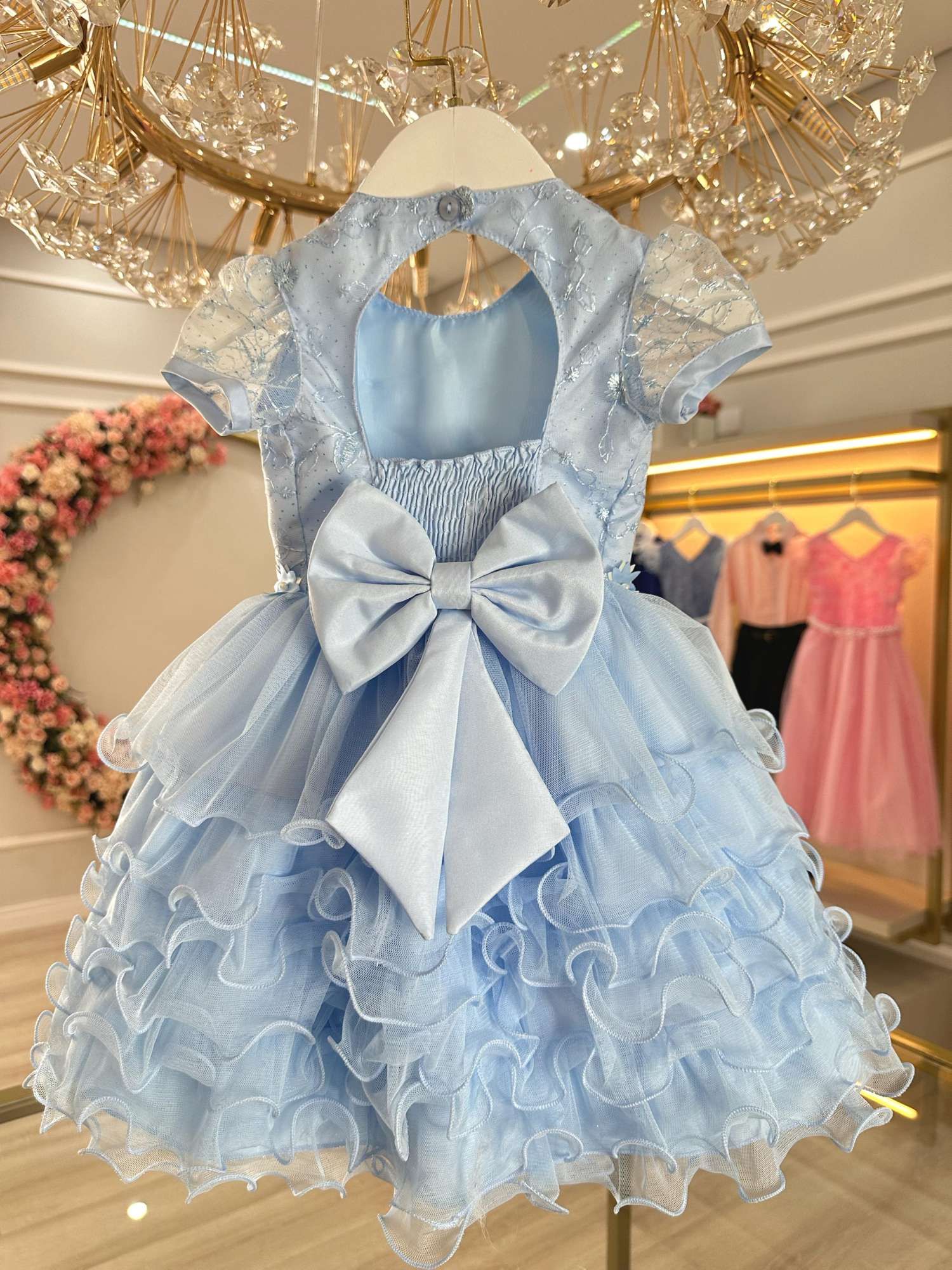 Vestido Azul Claro para Bebê Jardim Encantado para Batizado e Festas