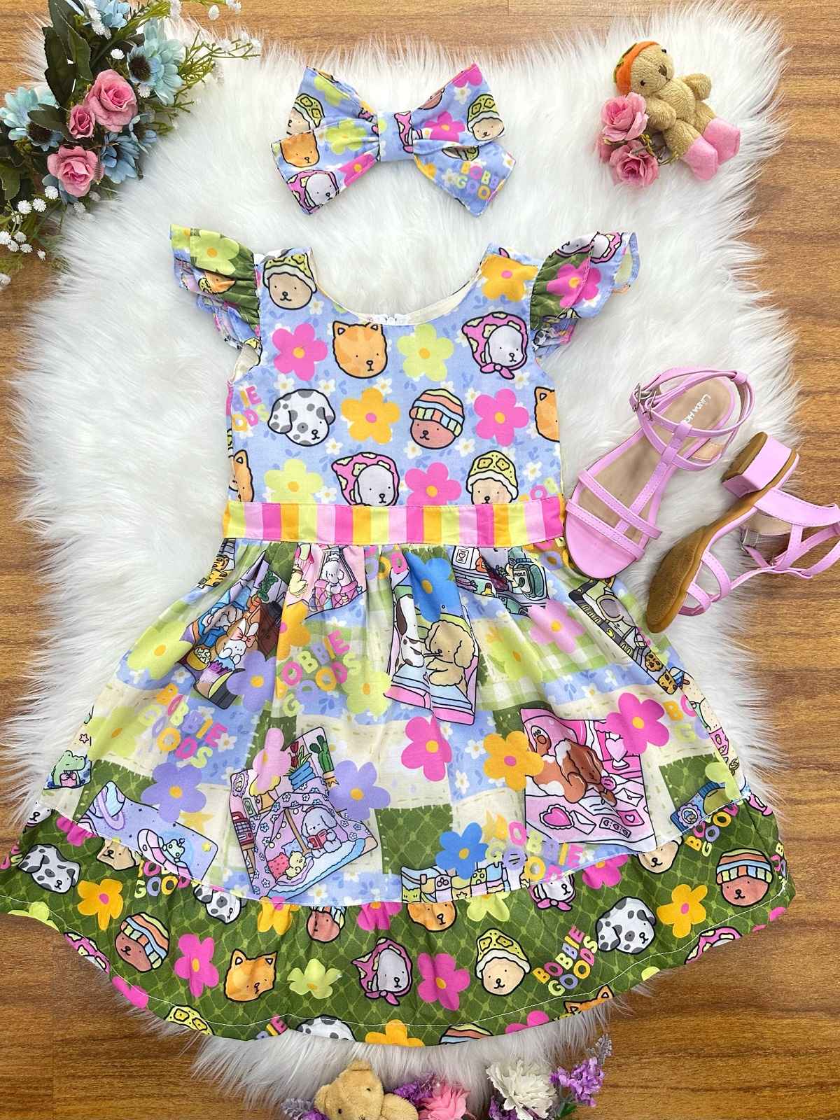 Vestido Infantil Colorido em Poliéster com Laço de Cabelo para Festas