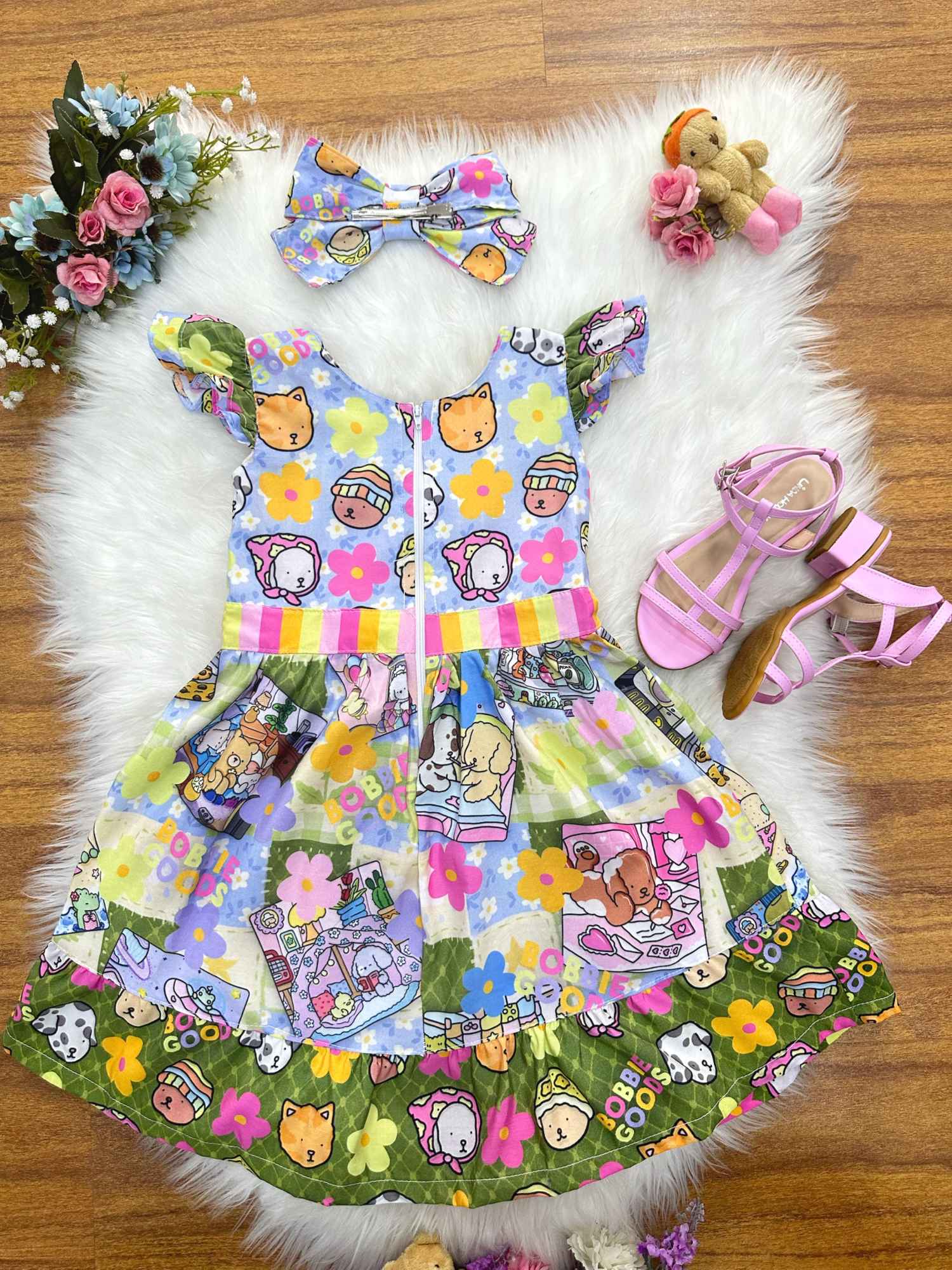Vestido Infantil Colorido em Poliéster com Laço de Cabelo para Festas