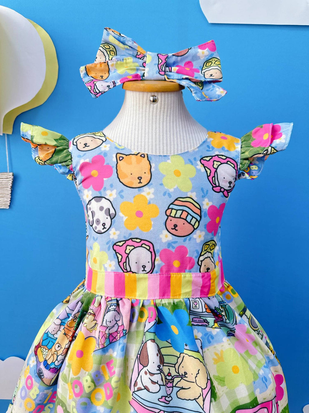 Vestido Infantil Colorido em Poliéster com Laço de Cabelo para Festas