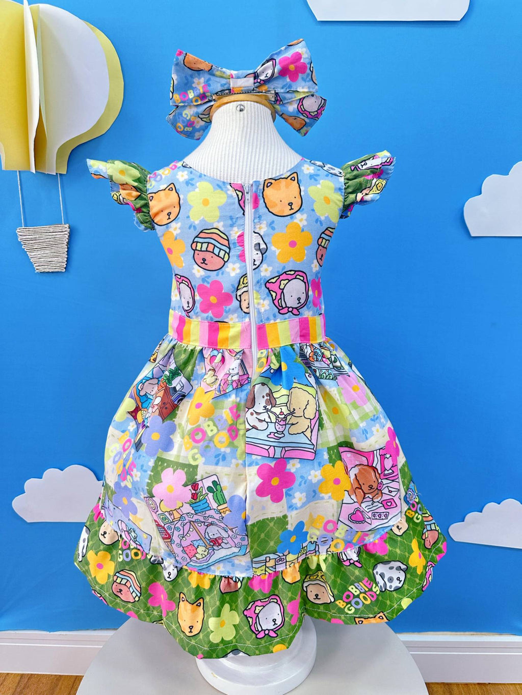 Vestido Infantil Colorido em Poliéster com Laço de Cabelo para Festas