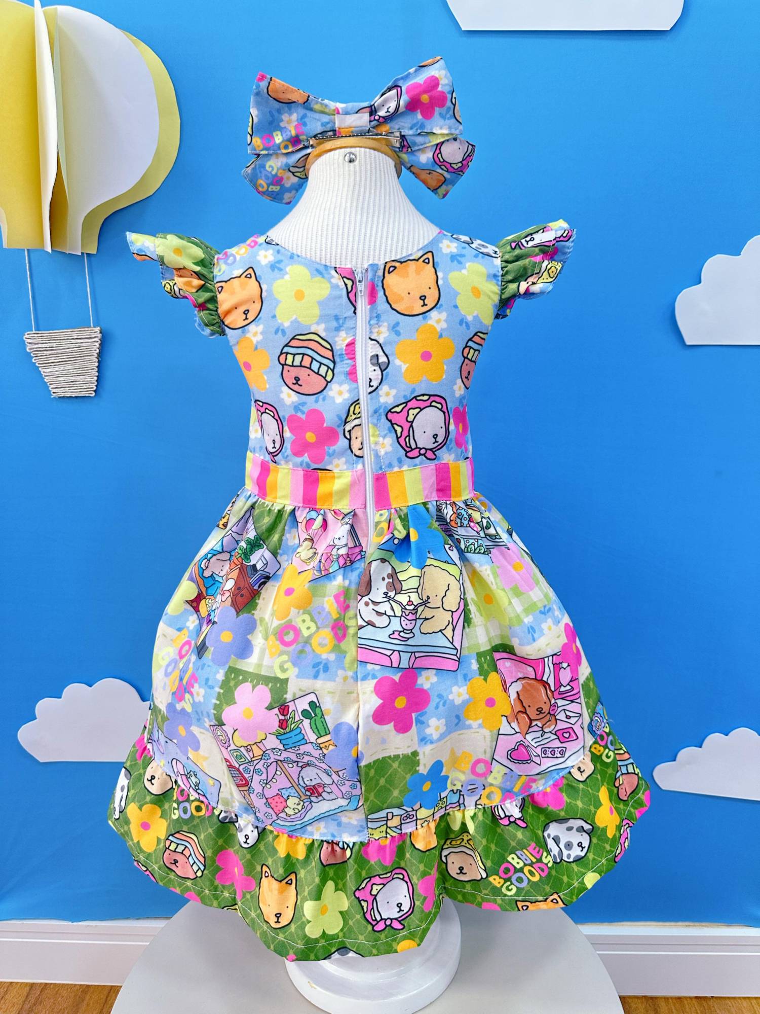 Vestido Infantil Colorido em Poliéster com Laço de Cabelo para Festas