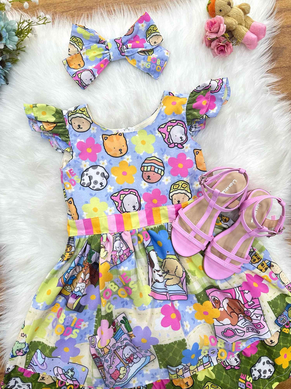 Vestido Infantil Colorido em Poliéster com Laço de Cabelo para Festas